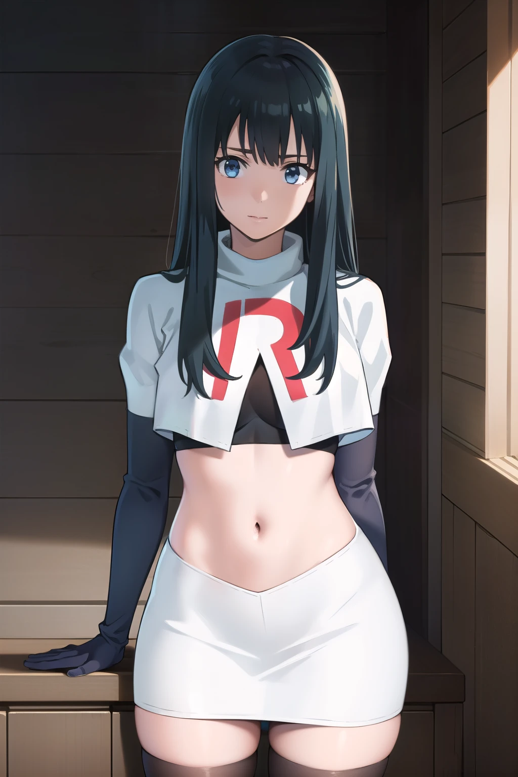 photorealistic, (4k), depth of field, (Masterpiece), (realistic skin texture), extremely detailed, intricate, hyper detailed, professional photography, bokeh, high resolution, sharp detail, best quality, girl, long hair, black hair, bangs, blue eyes, , team rocket,team rocket uniform,white skirt,red letter R,crop top,black thigh-highs,black elbow gloves