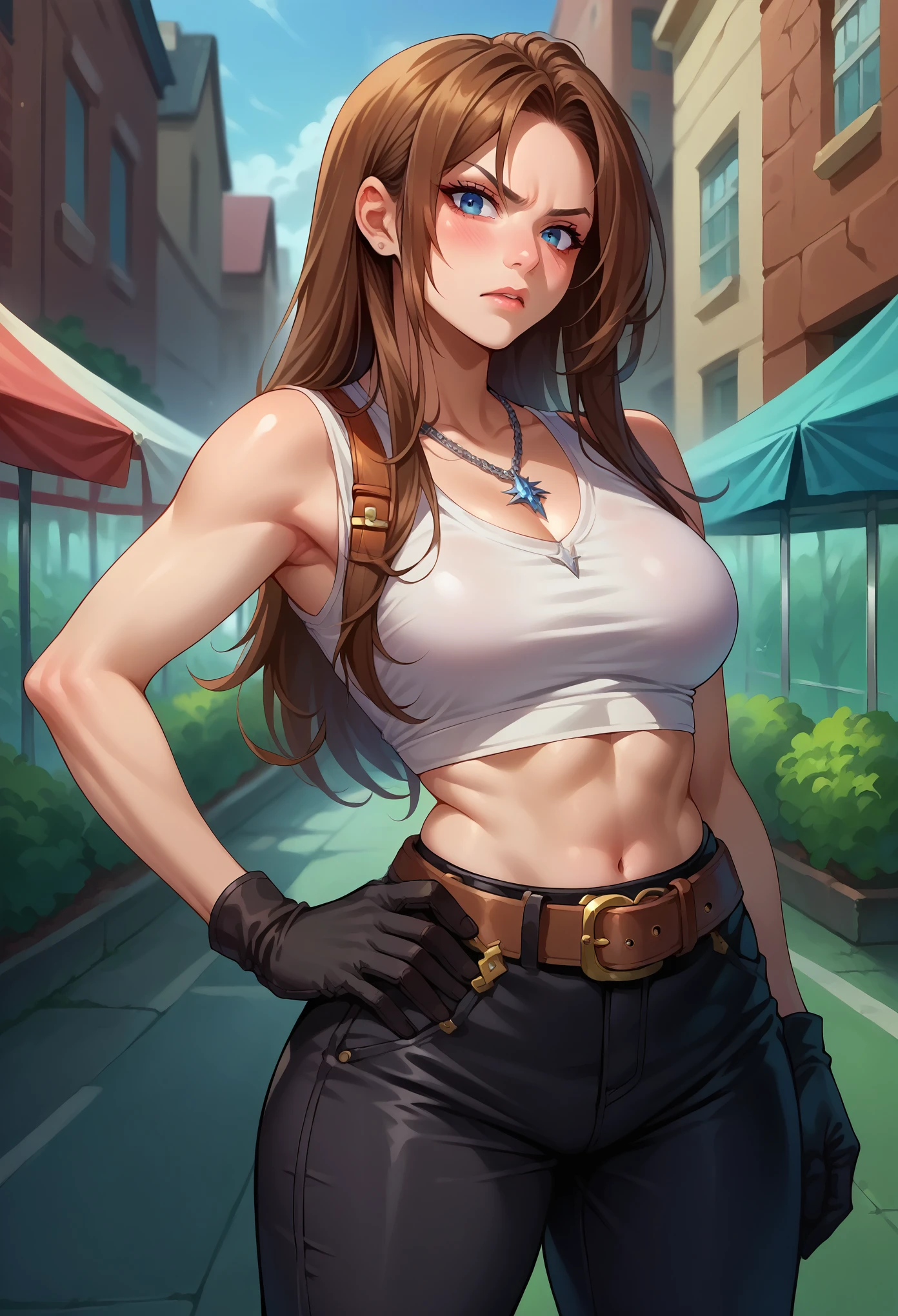 score_9, score_8_up, score_7_up, 1girl, solo, (female:1.5),female focus, female body, squall, necklace, brown hair, long hair, gloves, white crop top, blue eyes, shirt, black gloves,black pants, belt,breasts, scar, diagonal scar, scar on face, parted bangs, hand on hip, angry, blushing,standing, facilities