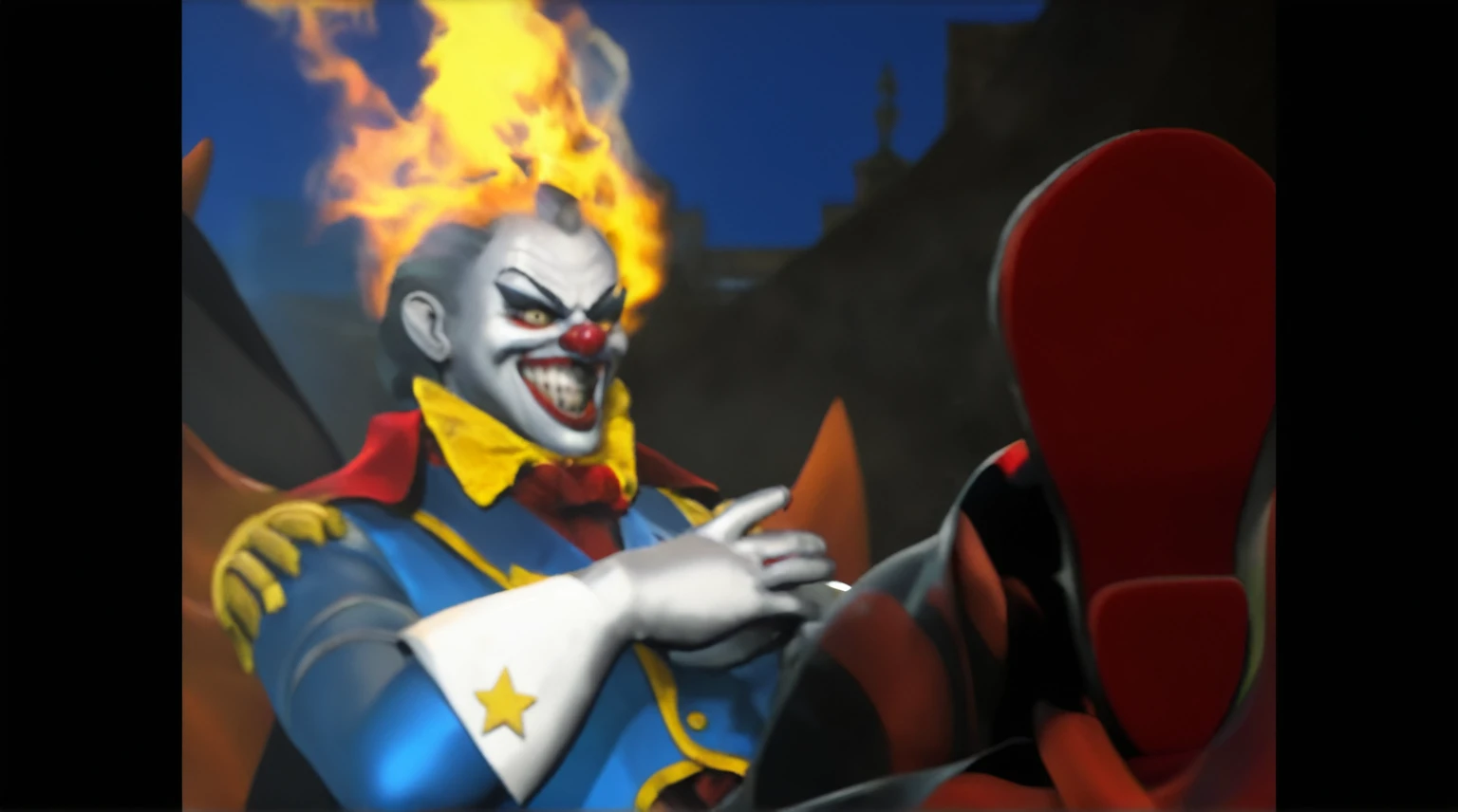 man in a blue and red costume with a yellow cape, twisted metal, CGI 16K UHD render, menacing, boss atmosphere, joyful smile, jester, fan art, marvelous expression, smug smirk, evil pose, very detailed, masterpiece, award winner, fire hair