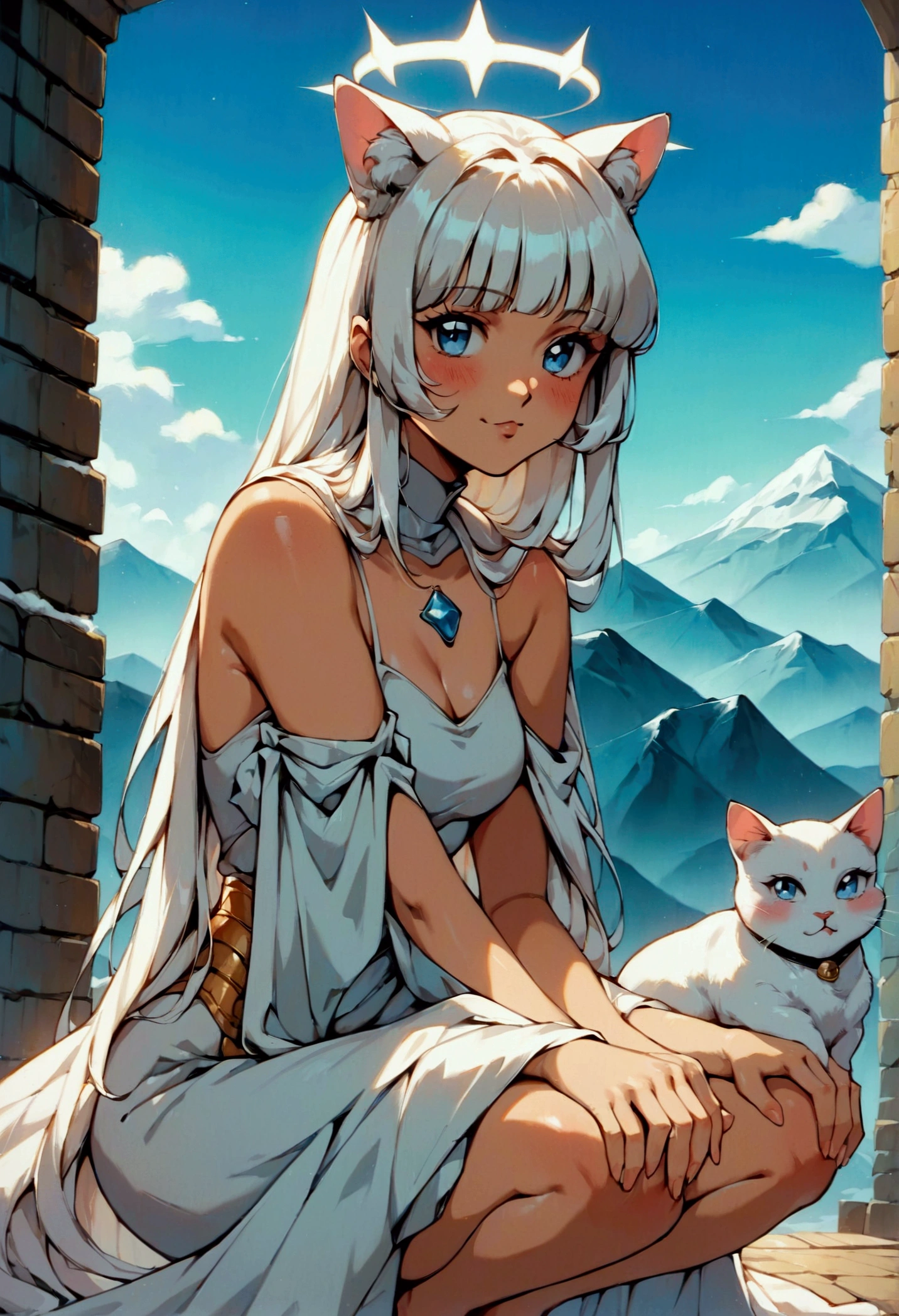 (score_9, score_8_up, score_7_up), zPDXL, 1 girl, alone, looking at viewer, crouching, hands on knees, white cat, mountain background, white hair, blue eyes, full body, long hair, white dress, bright white hair, white halo of light, halo, metallic pendant, blushing cheeks, white cat, mountain with a bit of snow, beautiful girl crouching with a halo of light, retro style, white cape, blunt bangs, white aura,