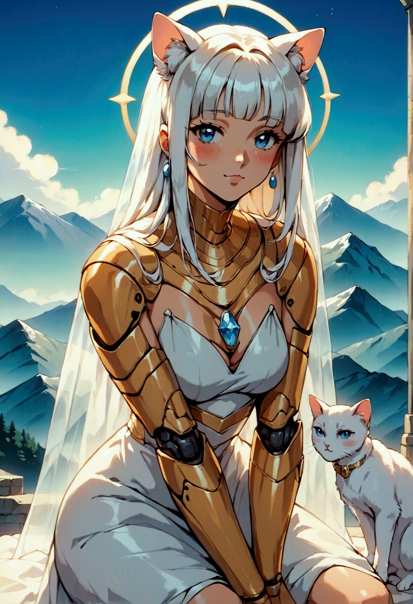 (score_9, score_8_up, score_7_up), zPDXL, 1 girl, alone, looking at viewer, crouching, hands on knees, white cat, mountain background, white hair, blue eyes, full body, long hair, white dress, bright white hair, white halo of light, halo, metallic pendant, blushing cheeks, white cat, mountain with a bit of snow, beautiful girl crouching with a halo of light, retro style, white cape, blunt bangs, white aura,