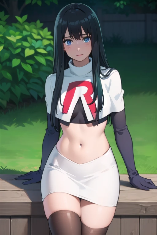 photorealistic, (4k), depth of field, (Masterpiece), (realistic skin texture), extremely detailed, intricate, hyper detailed, professional photography, bokeh, high resolution, sharp detail, best quality, girl, long hair, black hair, bangs, blue eyes, , team rocket,team rocket uniform,white skirt,red letter R,crop top,black thigh-highs,black elbow gloves