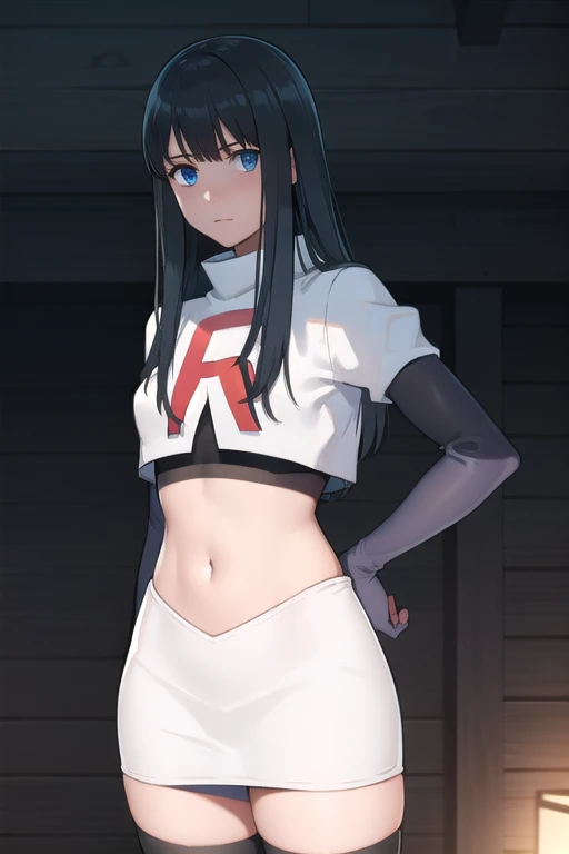 photorealistic, (4k), depth of field, (Masterpiece), (realistic skin texture), extremely detailed, intricate, hyper detailed, professional photography, bokeh, high resolution, sharp detail, best quality, girl, long hair, black hair, bangs, blue eyes, , team rocket,team rocket uniform,white skirt,red letter R,crop top,black thigh-highs,black elbow gloves