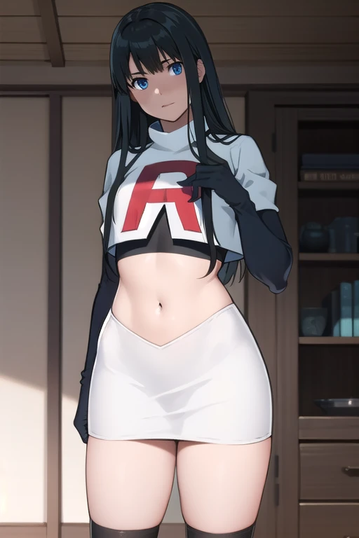 photorealistic, (4k), depth of field, (Masterpiece), (realistic skin texture), extremely detailed, intricate, hyper detailed, professional photography, bokeh, high resolution, sharp detail, best quality, girl, long hair, black hair, bangs, blue eyes, , team rocket,team rocket uniform,white skirt,red letter R,crop top,black thigh-highs,black elbow gloves