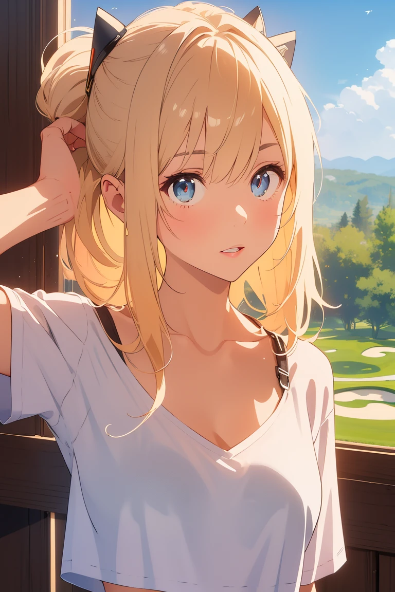 visual anime of a cute girl, Best Anime Girls, Naughty anime style, Captivating woman, big ,Two blonde tails,Detailed eyes and face,Detailed lips,Beautiful attention to detail,White visor cap included,White mini skirt,She wears a white t-shirt,She is wearing a low-neck short-sleeve T-shirt and a black bra.。.., Playing golf in a seductive pose.
