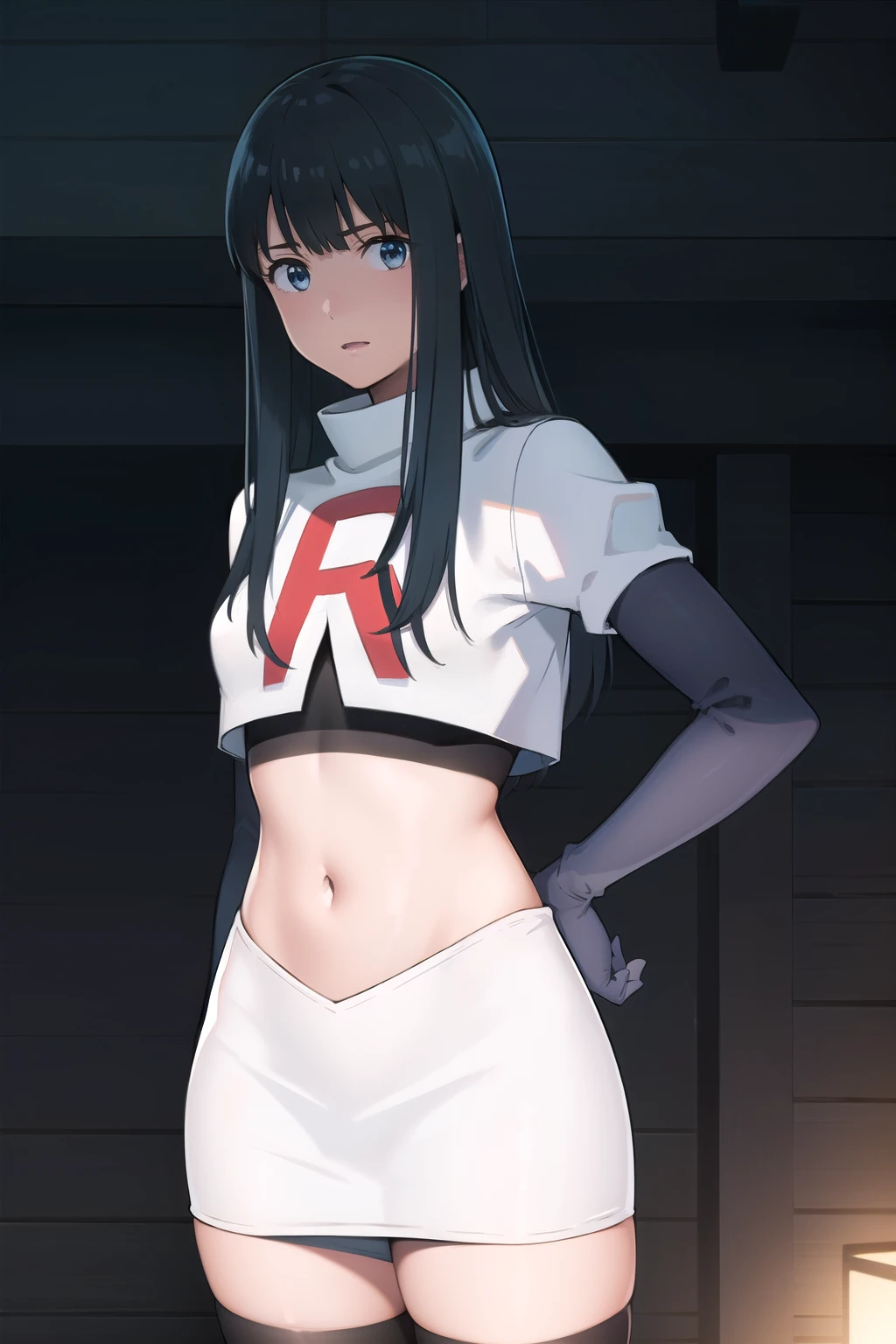 photorealistic, (4k), depth of field, (Masterpiece), (realistic skin texture), extremely detailed, intricate, hyper detailed, professional photography, bokeh, high resolution, sharp detail, best quality, girl, long hair, black hair, bangs, blue eyes, , team rocket,team rocket uniform,white skirt,red letter R,crop top,black thigh-highs,black elbow gloves