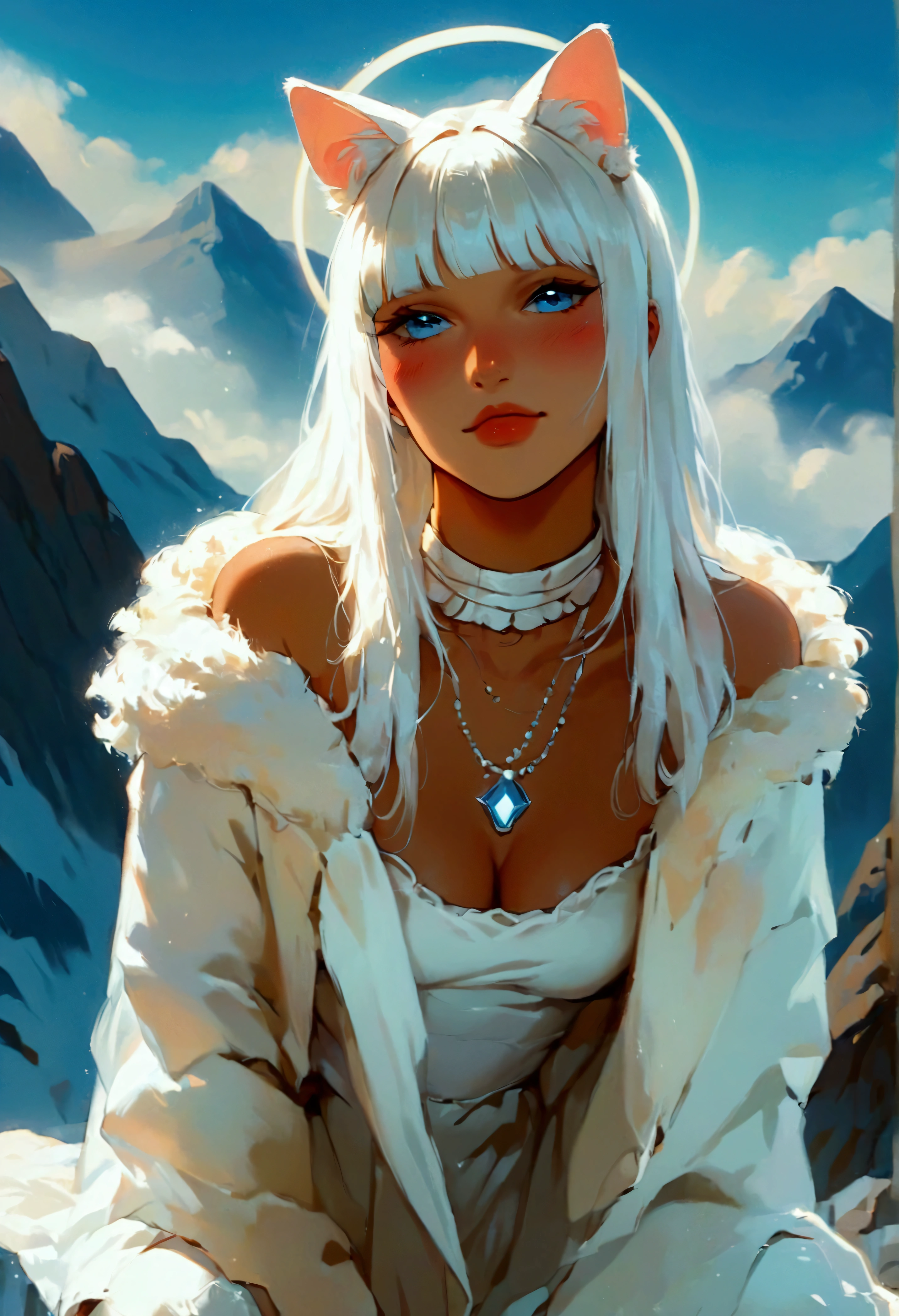 (score_9, score_8_up, score_7_up), zPDXL, 1 girl, alone, looking at viewer, crouching, hands on knees, white cat, mountain background, white hair, blue eyes, full body, long hair, white dress, bright white hair, white halo of light, halo, metallic pendant, blushing cheeks, white cat, mountain with a bit of snow, beautiful girl crouching with a halo of light, retro style, white cape, blunt bangs, white aura,