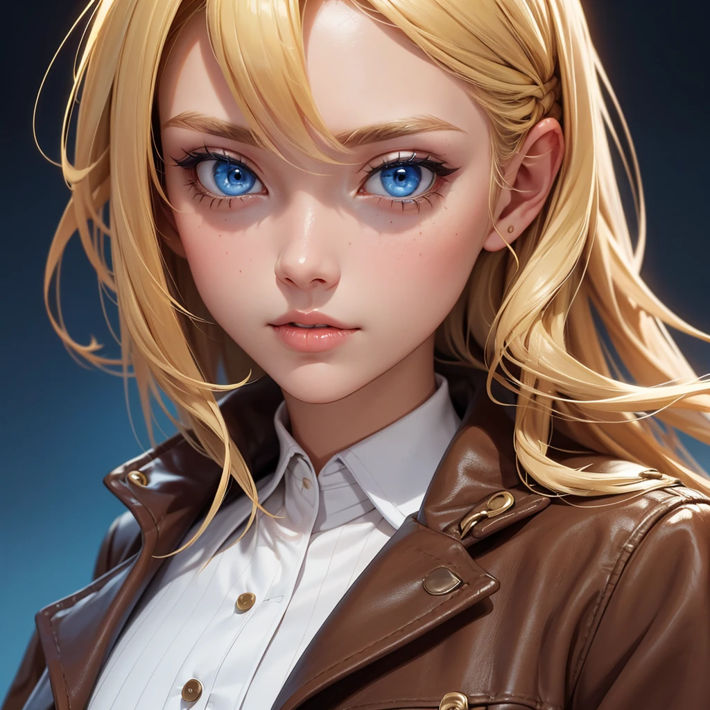 Close-up, blonde-haired woman with blue eyes, dressed with a brown jacket 