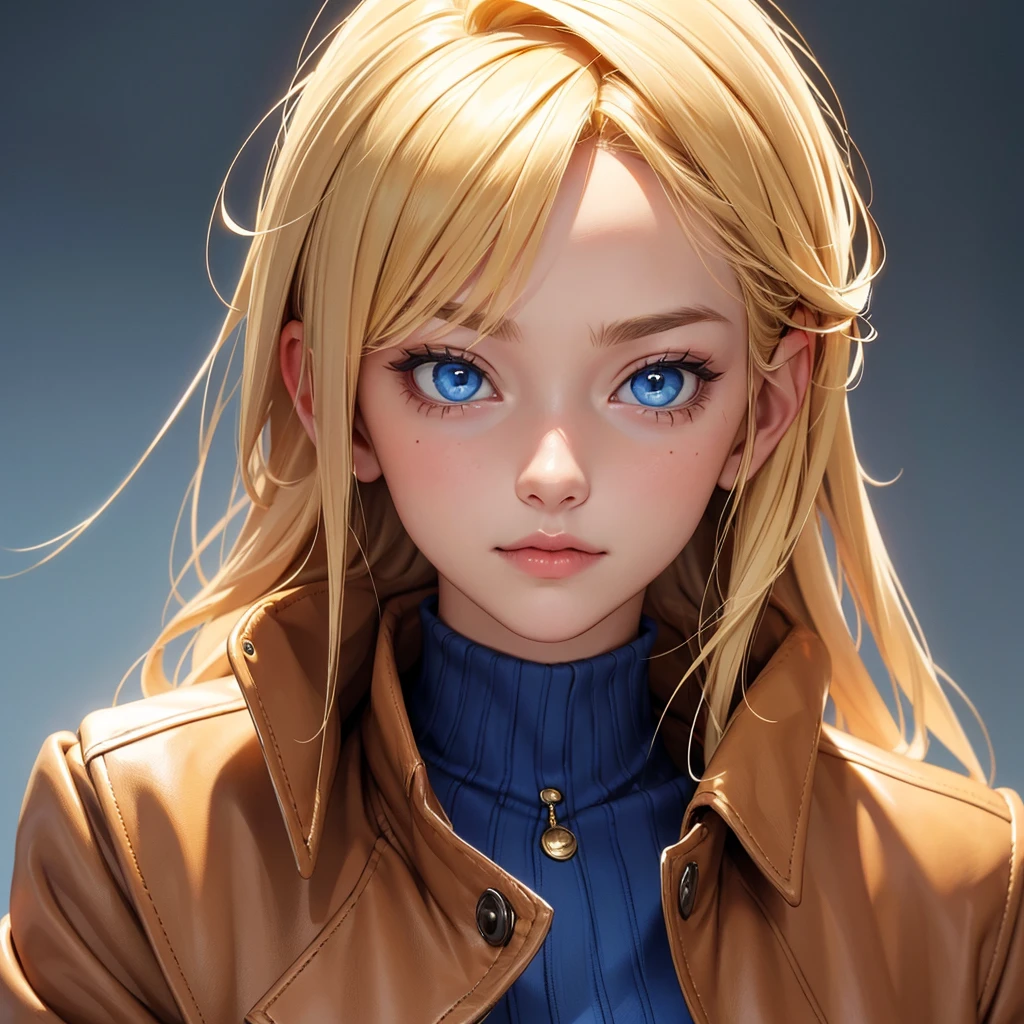 Close-up, blonde-haired woman with blue eyes, dressed with a brown jacket