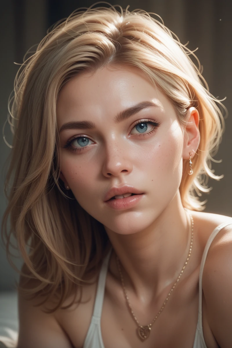 blonde girl, big green eyes, big lips, with a low-cut shirt that says: i love tokio hotel, Billie Eilish face.