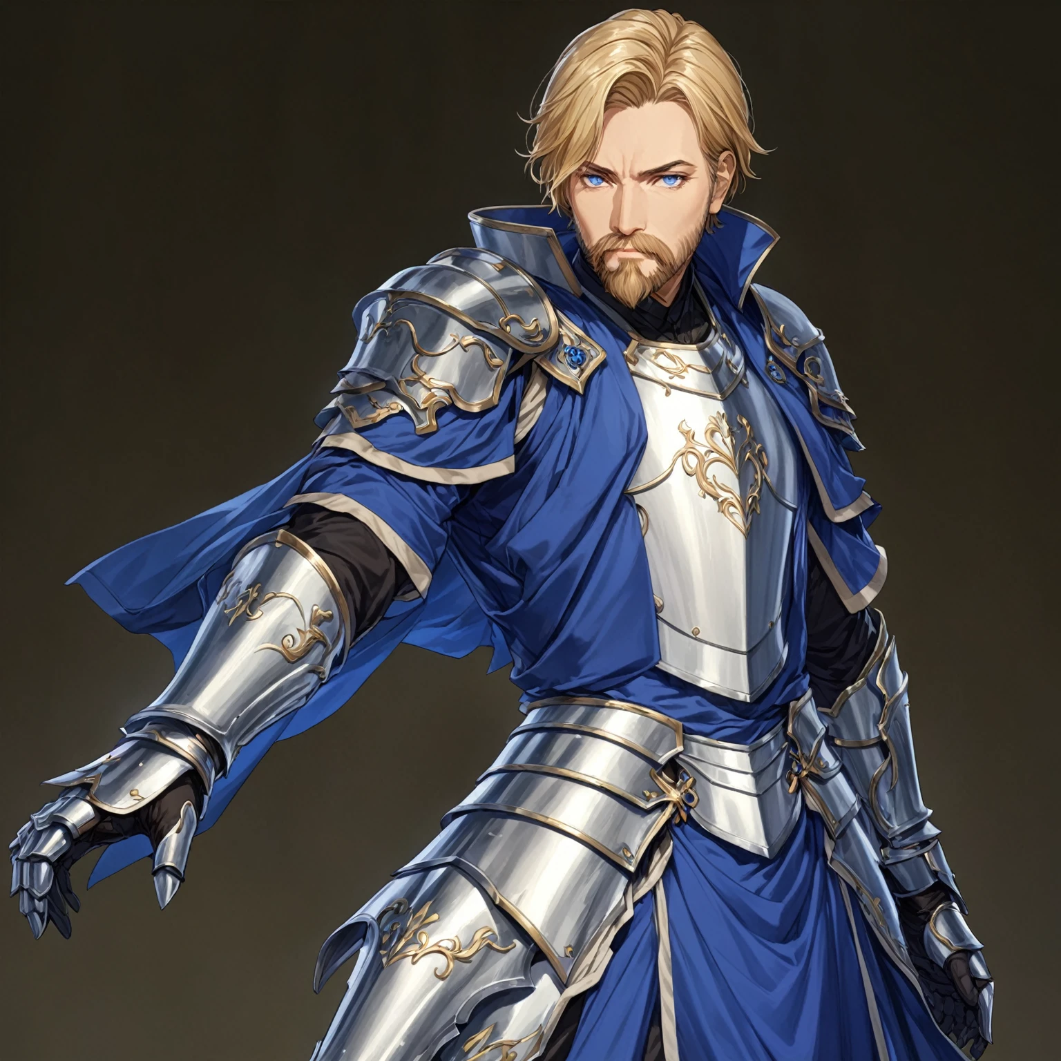 masterpiece, best quality, good quality, Highly detailed, shadowverse style, male, adult, facial hair, age 40s, blue eyes, blonde hair, short hair. armored, elven aesthetic, overcoat, adult, armored greaves, armored gauntlet, bang one side hair