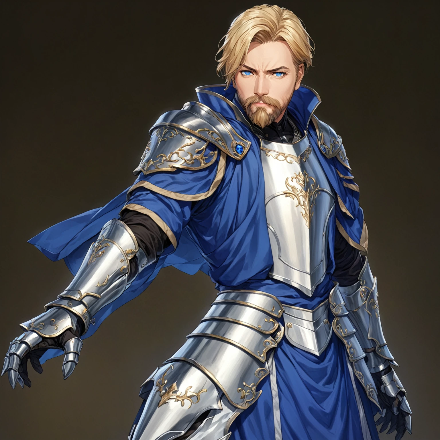 masterpiece, best quality, good quality, Highly detailed, shadowverse style, male, adult, facial hair, age 40s, blue eyes, blonde hair, short hair. armored, elven aesthetic, overcoat, adult, armored greaves, armored gauntlet, bang one side hair