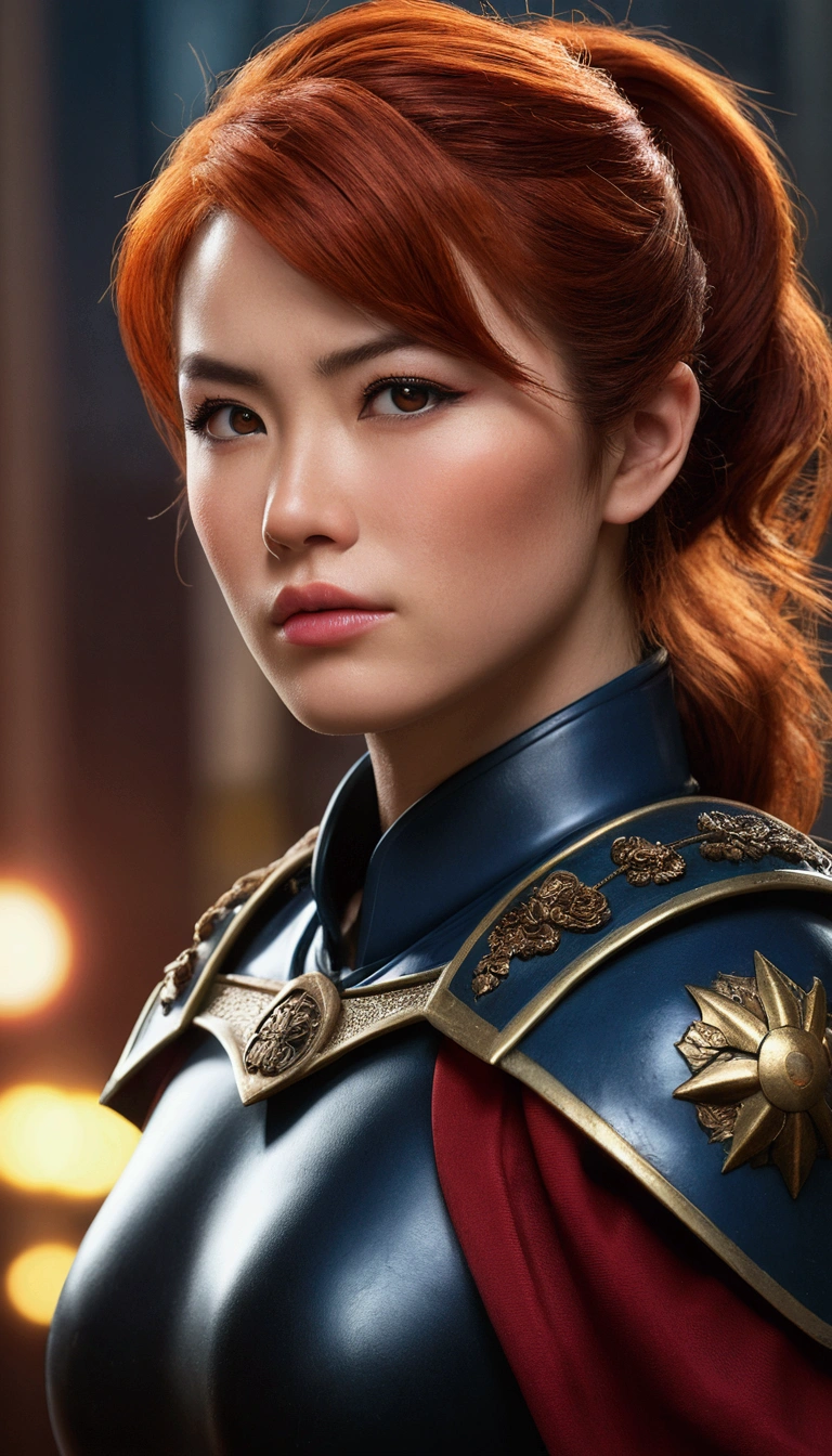 (best qualityer,4K,8k,Cao Cao,master part:1.2),ultra detali,(Realistic,photorrealistic,photo-realistic:1.37),Barbara Gordon, Young woman aged 19 l, beautiful red hair, vestindo uniforme policial,piercing brown eyes, Supreme Beauty, Gotham City Setting, strong and confident posture, Determined expression,vivid colors,sharp focus,detailed painting,professional lighting,Estilo Retrato, dramatic lighting,bokeh