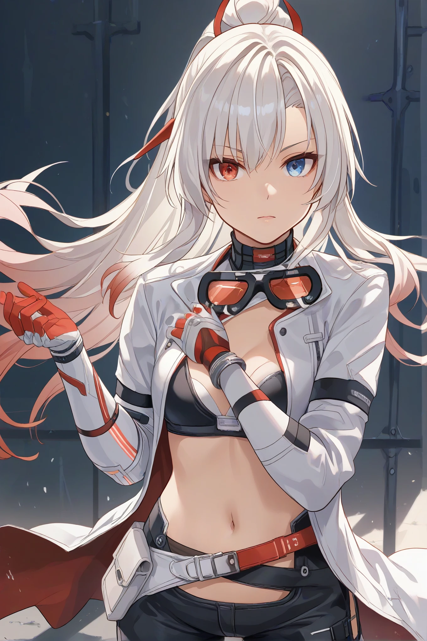 ((heterochromia )) (((double coulored eyes))) solo, white hair, red ribbon, headgear, ponytail, gradient hair, white coat, goggles, goggles around neck, red eyes, blue eyes, white coat,bra, prosthetic arm, bandaged arm BREAK detailed shading, (((cowboy shot))), black pants, single pantsleg,