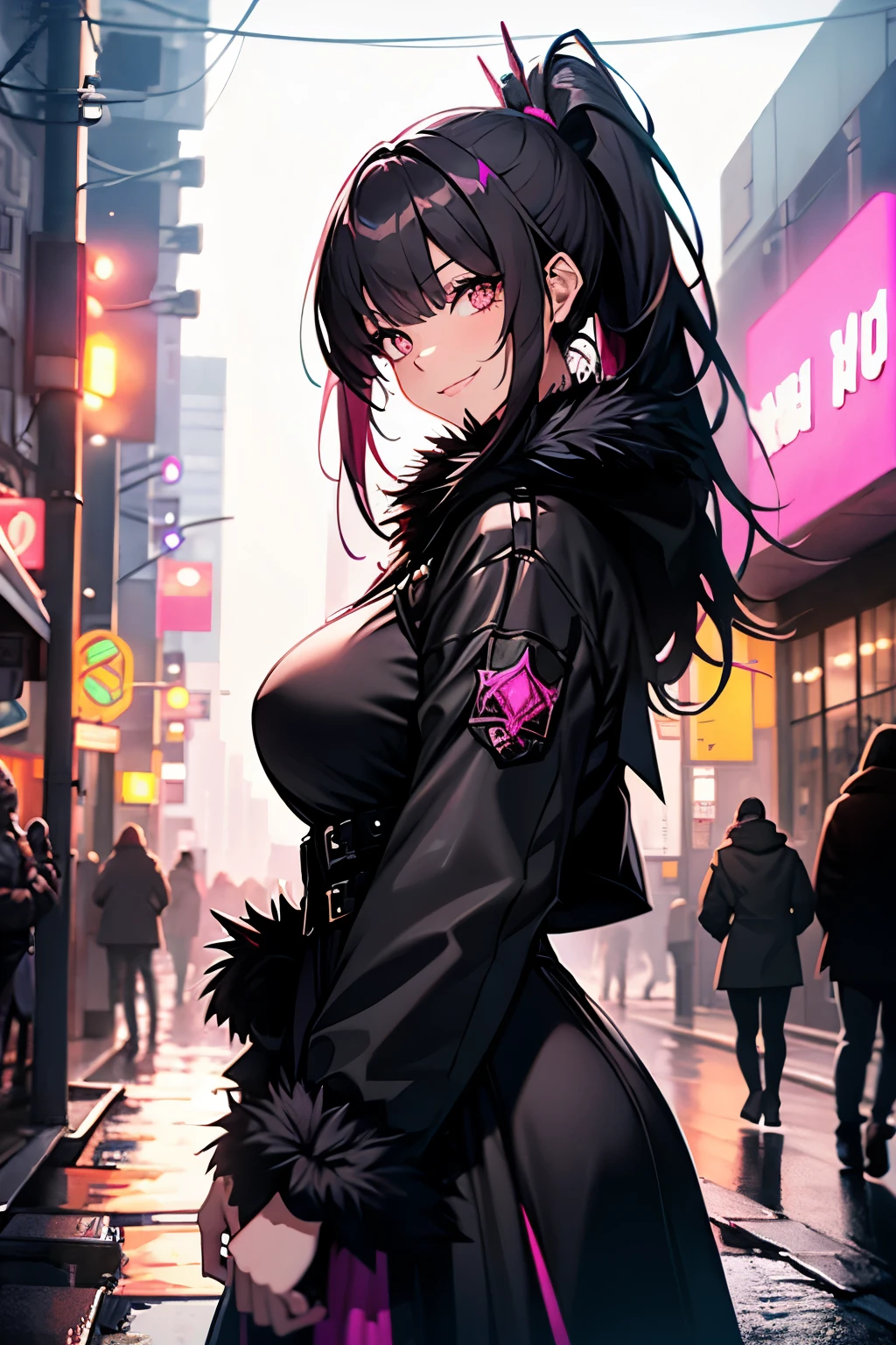 a beautiful gothic woman(plus size) with long black hair (haircut with bangs and ponytail), Latin eyes, smiling sweetly, wearing a stylish cyberpunk neon pink dress and a long fur jacket, Empty background of candlelit medieval street