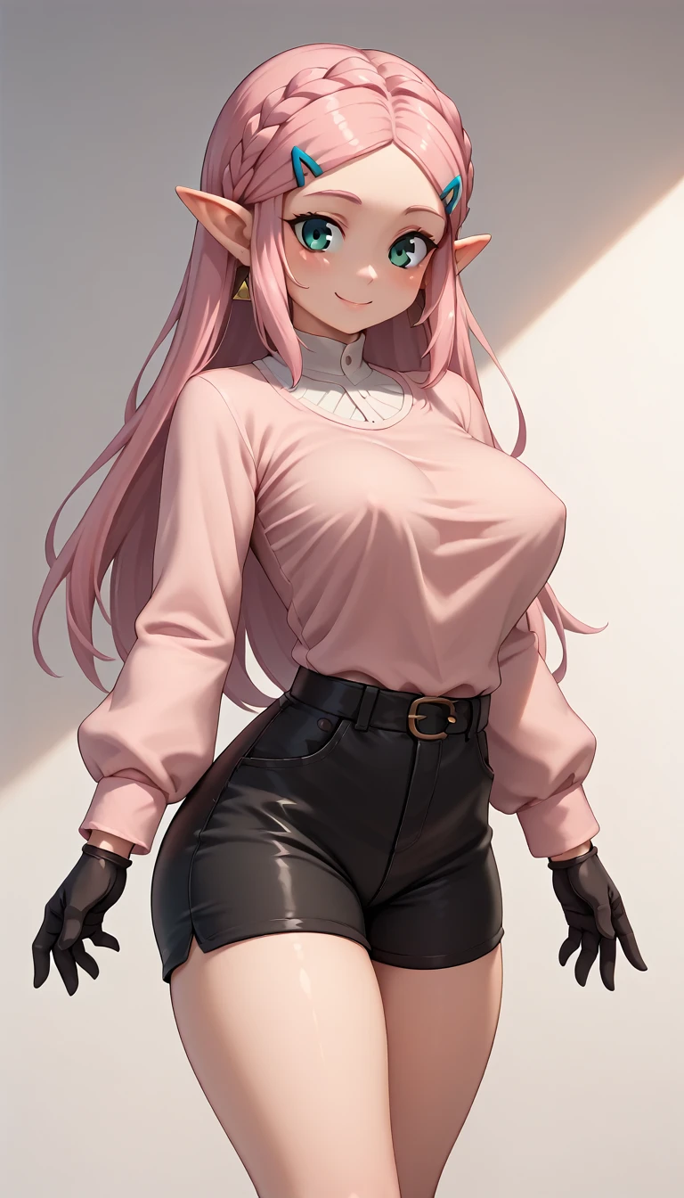 High resolution, Very detailed, perfect lighting, beautiful detailed eyes, ((masterpiece,Best Quality)), absurdities, alone, princess zelda, by the width, crown braid, Hair clip, pointy ears, pink shirt, long sleeves, Gloves without fingers, black gloves, Black shorts, tight shorts, smile, curves, nod, , deep neckline, deep neckline, bare breasts, bare breasts, NSFW, visible nipples, visible nipples , pink hair, pink hair, acercamiento, acercamiento, vista desde atrás, trasero grade y firme, vista desde atrás, trasero grande y firme