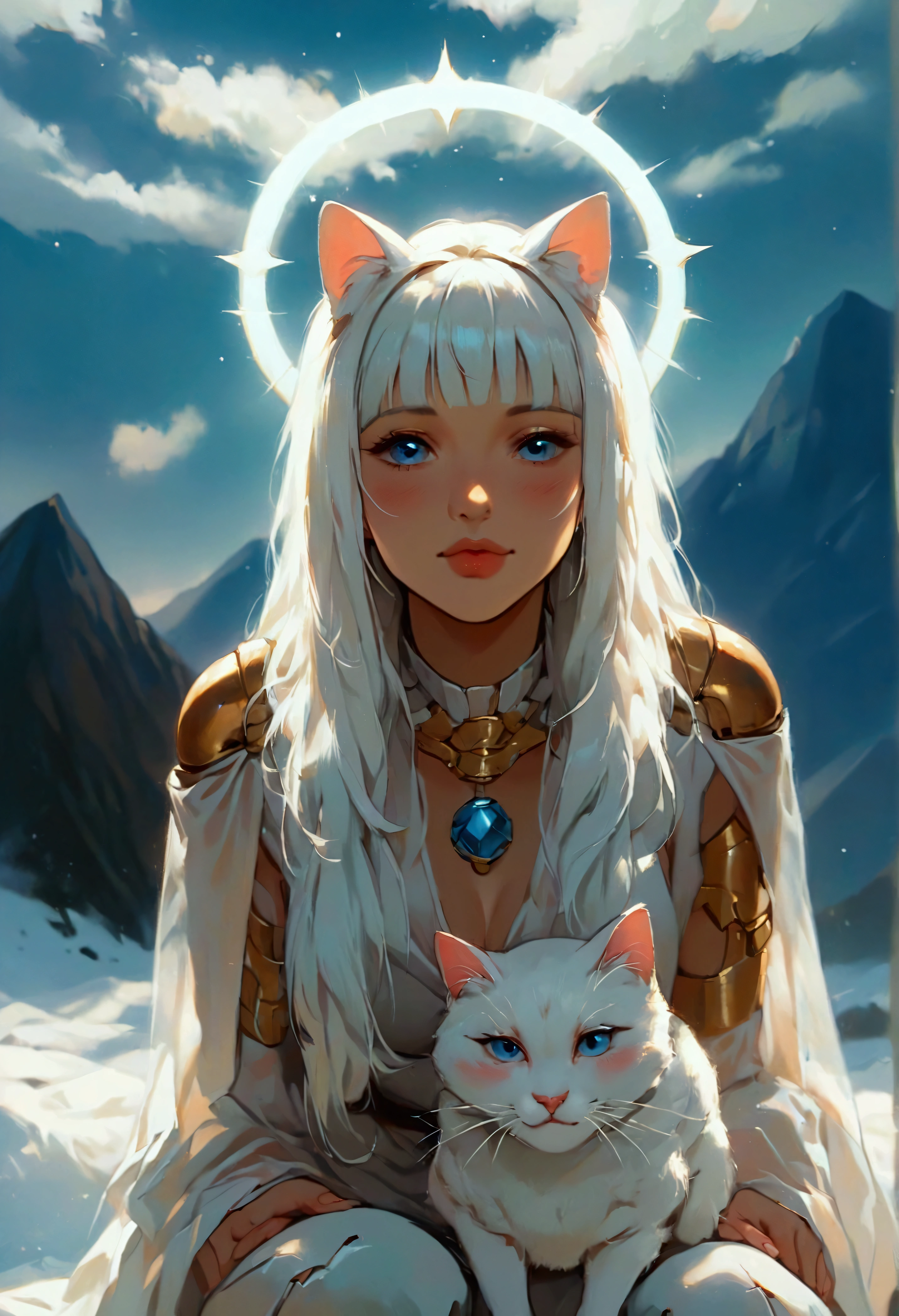 (score_9, score_8_up, score_7_up), zPDXL, 1 girl, alone, looking at viewer, crouching, hands on knees, white cat, mountain background, white hair, blue eyes, full body, long hair, white dress, bright white hair, white halo of light, halo, metallic pendant, blushing cheeks, white cat, mountain with a bit of snow, beautiful girl crouching with a halo of light, retro style, white cape, blunt bangs, white aura,