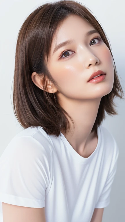 (Highest quality、8k、32K、masterpiece)、(Realistic)、(Realistic:1.2)、(High resolution)、Very detailed、Very beautiful face and eyes、1 girl、Round and small face、Tight waist、Delicate body、(close、Highest quality、Attention to detail、Rich skin detail)、(Highest quality、8k、Oil paints:1.2)、Very detailed、(Realistic、Realistic:1.37)、Bright colors、(((blush)))、(((I am brunette)))、(((Waist up shot)))、((short hair、ponytail))、(((Pure white wall background)))、(((She is wearing a white T-shirt)))、(((Pure white wall background)))、(((It is a short-sleeved T-shirt)))、
