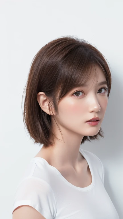 (Highest quality、8k、32K、masterpiece)、(Realistic)、(Realistic:1.2)、(High resolution)、Very detailed、Very beautiful face and eyes、1 girl、Round and small face、Tight waist、Delicate body、(close、Highest quality、Attention to detail、Rich skin detail)、(Highest quality、8k、Oil paints:1.2)、Very detailed、(Realistic、Realistic:1.37)、Bright colors、(((blush)))、(((I am brunette)))、(((Waist up shot)))、((short hair、ponytail))、(((Pure white wall background)))、(((She is wearing a white T-shirt)))、(((Pure white wall background)))、(((It is a short-sleeved T-shirt)))、