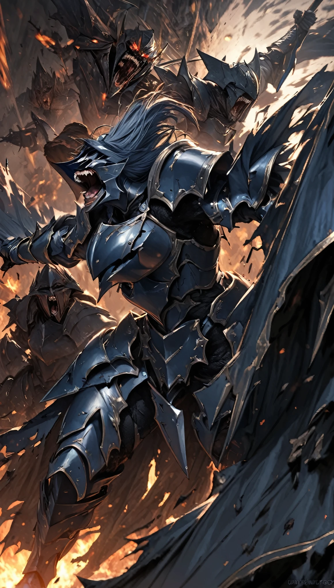Highest quality, Highest quality, 16K, Unbelievably absurd, Very detailed, delicate and dynamic, Perfect hatred, hateful, anger, intense emotion, scream, knightess, armor, broken armor