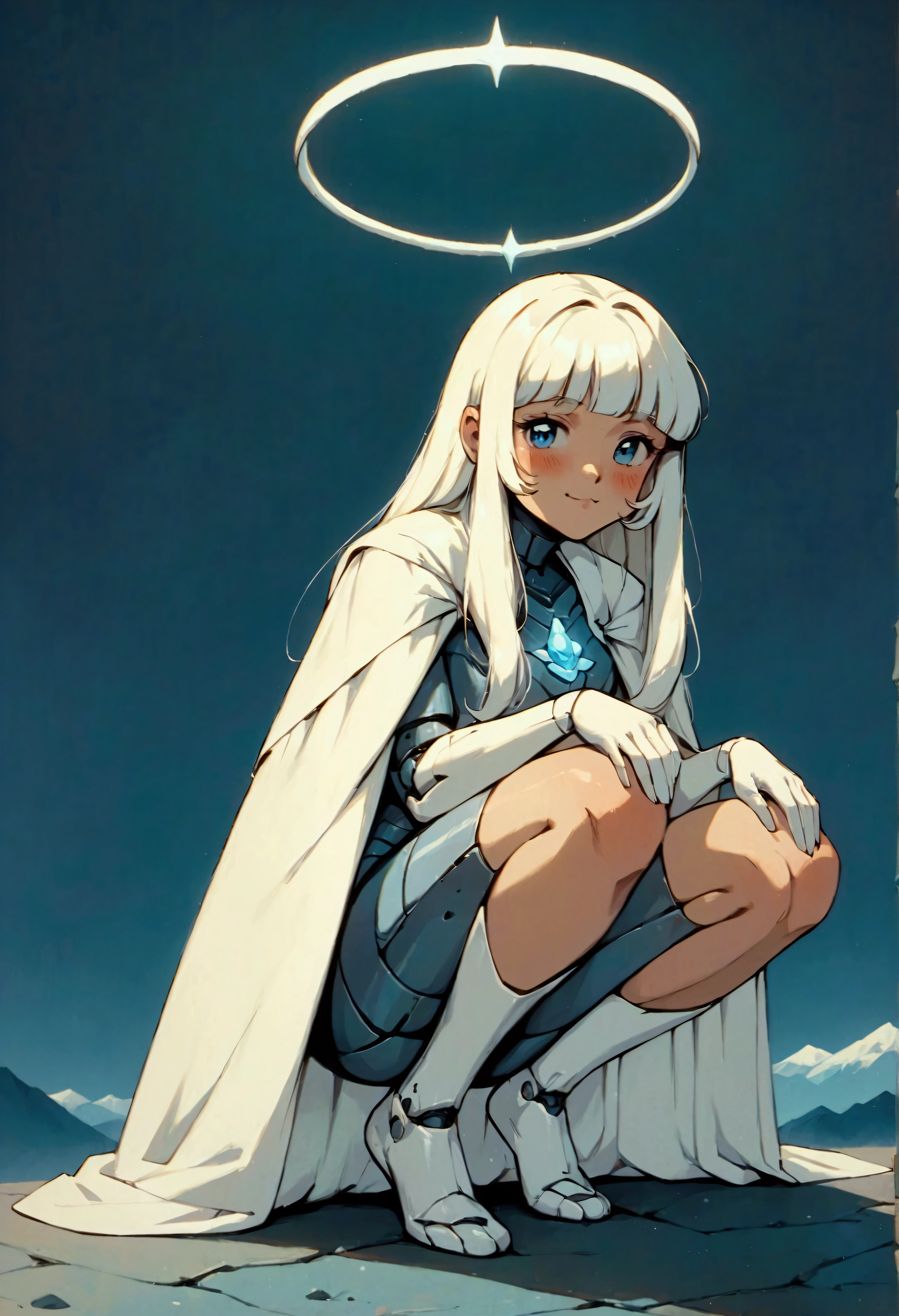 (score_9, score_8_up, score_7_up), zPDXL, 1 girl, alone, looking at viewer, crouching, hands on knees, white cat, mountain background, white hair, blue eyes, full body, long hair, white dress, bright white hair, white halo of light, halo, metallic pendant, blushing cheeks, white cat, mountain with a bit of snow, beautiful girl crouching with a halo of light, retro style, white cape, blunt bangs, white aura,