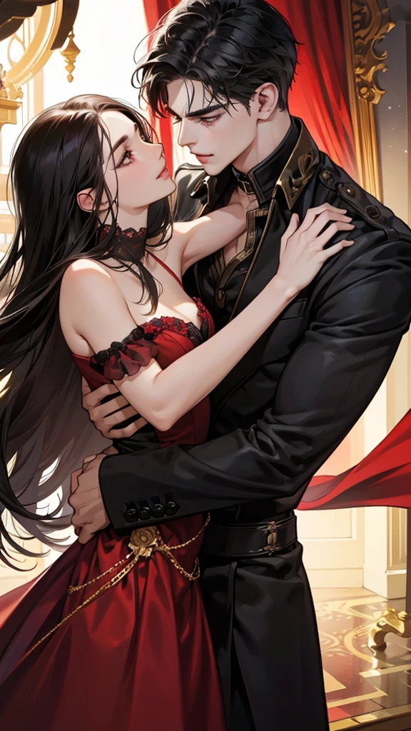1.2 - A heavenly dark couple, bathed in the soft glow of the moonlit scene, embodying an intriguing mix of sensuality and affection. The woman, a thin, sophisticated beauty with long black hair and piercing purple eyes adorned with dragon pupils, wears a satin red dress, luxurious and elegant with gold details that shimmer in the moonlight. Her full lips are coated in gloss, and she leans into a sensual, loving kiss with the man.
The man is an imposing figure, with short black hair, green eyes, and dragon pupils that intensify the allure of the dark couple. He wears a dark green