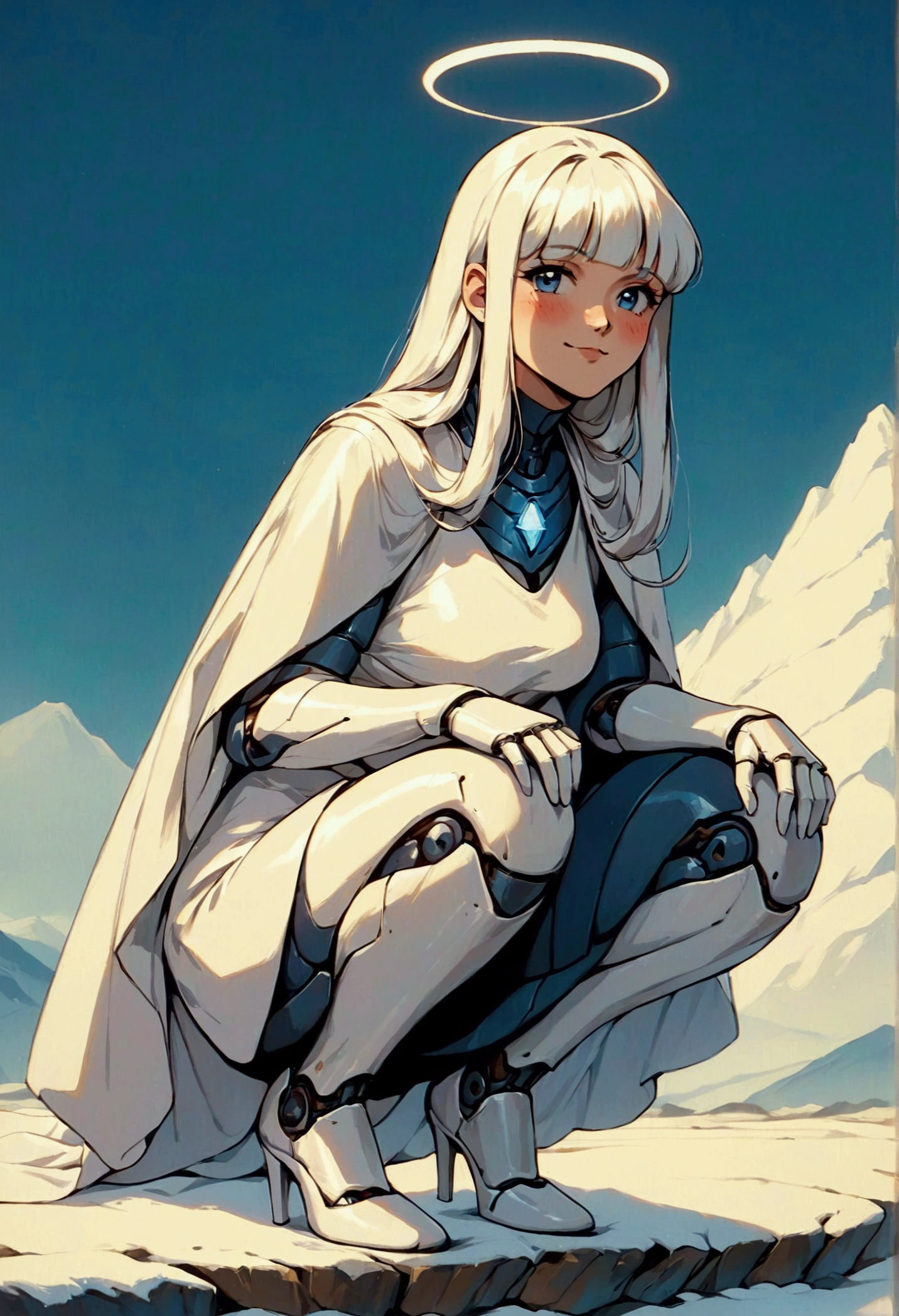 (score_9, score_8_up, score_7_up), zPDXL, 1 girl, alone, looking at viewer, crouching, hands on knees, white cat, mountain background, white hair, blue eyes, full body, long hair, white dress, bright white hair, white halo of light, halo, metallic pendant, blushing cheeks, white cat, mountain with a bit of snow, beautiful girl crouching with a halo of light, retro style, white cape, blunt bangs, white aura,