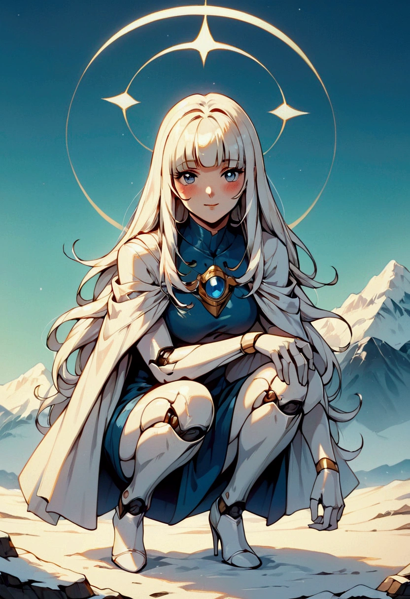 (score_9, score_8_up, score_7_up), zPDXL, 1 girl, alone, looking at viewer, crouching, hands on knees, white cat, mountain background, white hair, blue eyes, full body, long hair, white dress, bright white hair, white halo of light, halo, metallic pendant, blushing cheeks, white cat, mountain with a bit of snow, beautiful girl crouching with a halo of light, retro style, white cape, blunt bangs, white aura,