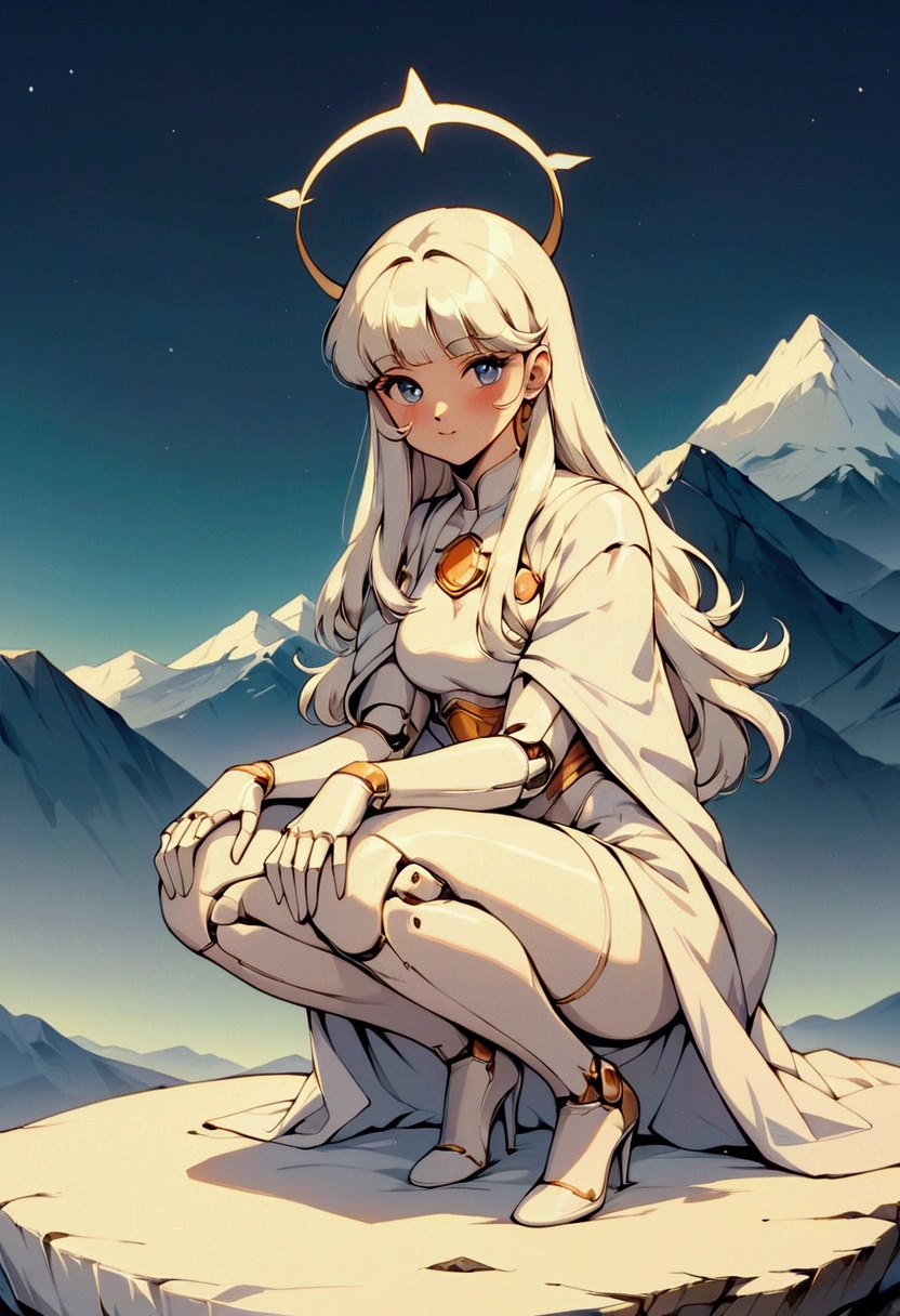 (score_9, score_8_up, score_7_up), zPDXL, 1 girl, alone, looking at viewer, crouching, hands on knees, white cat, mountain background, white hair, blue eyes, full body, long hair, white dress, bright white hair, white halo of light, halo, metallic pendant, blushing cheeks, white cat, mountain with a bit of snow, beautiful girl crouching with a halo of light, retro style, white cape, blunt bangs, white aura,