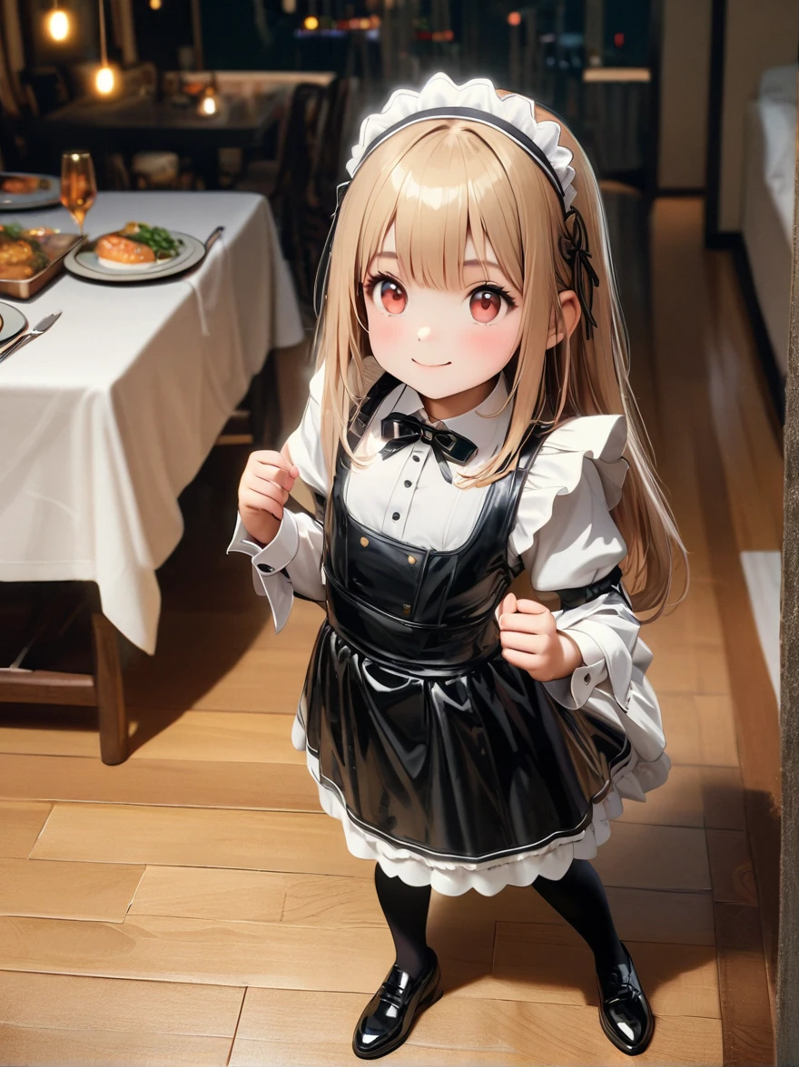 (masterpiece，Highest quality), (Absurd:1.3), (Photographic realism:1.4), Beautiful European girls RAW photos, (Super detailed, Ultra-realistic, 8k, Ultra-high resolution), (Dynamic pose:1.2), blonde, Long Hair, (Skin with attention to detail, Detailed skin texture:1.1), Break 1 Girl, Young girl, Detail Eyes, Detailed aspect, (Cute maid costume:1.6), (Black Stockings:1.3)，(Wearing black leather shoes:1.5)，Frills, room, Dining table, table cloth, (Dinner is ready:1.2), Captured by a professional photographer，Bokeh，Sharp focus，Depth of written boundary，Are standing，smile，whole body，vision