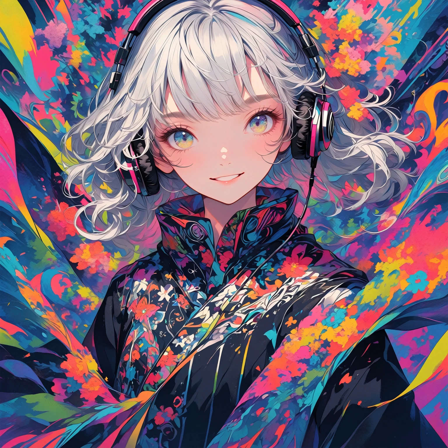 High-resolution digital painting with vibrant colors and intricate patterns. BREAK Front-facing perspective, showcasing a mirrored image of a character. BREAK Two identical characters with long, silver hair, one wearing a patterned cape and the other in a black jacket, both with headphones and a subtle smile. BREAK An abstract, colorful background with swirling, floral, and geometric designs, split by a staircase with a tiled pattern. Upper body,