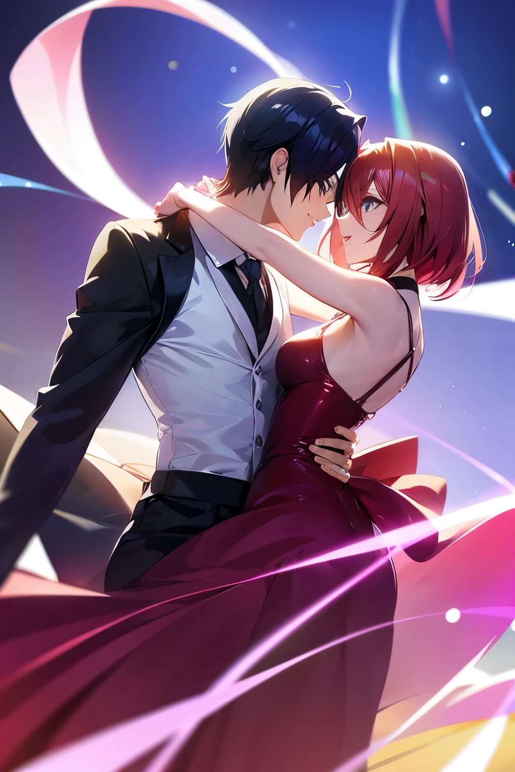 Couple, anime characters, anime man with short hair and wearing a suit, dancing with anime woman with long hair and wearing a dress