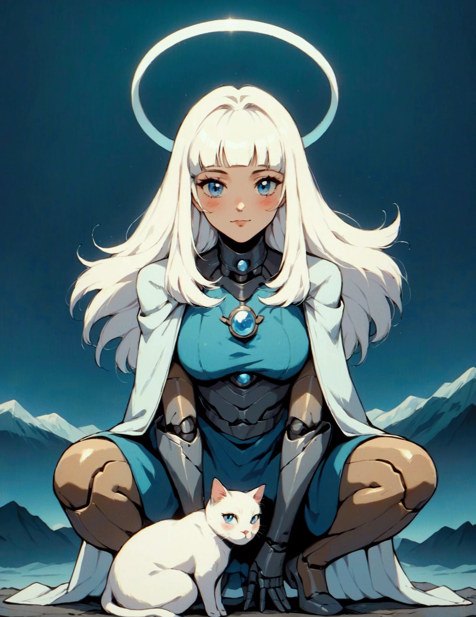 (score_9, score_8_up, score_7_up), zPDXL, 1 girl, alone, looking at viewer, crouching, hands on knees, white cat, mountain background, white hair, blue eyes, full body, long hair, white dress, bright white hair, white halo of light, halo, metallic pendant, blushing cheeks, white cat, mountain with a bit of snow, beautiful girl crouching with a halo of light, retro style, white cape, blunt bangs, white aura,