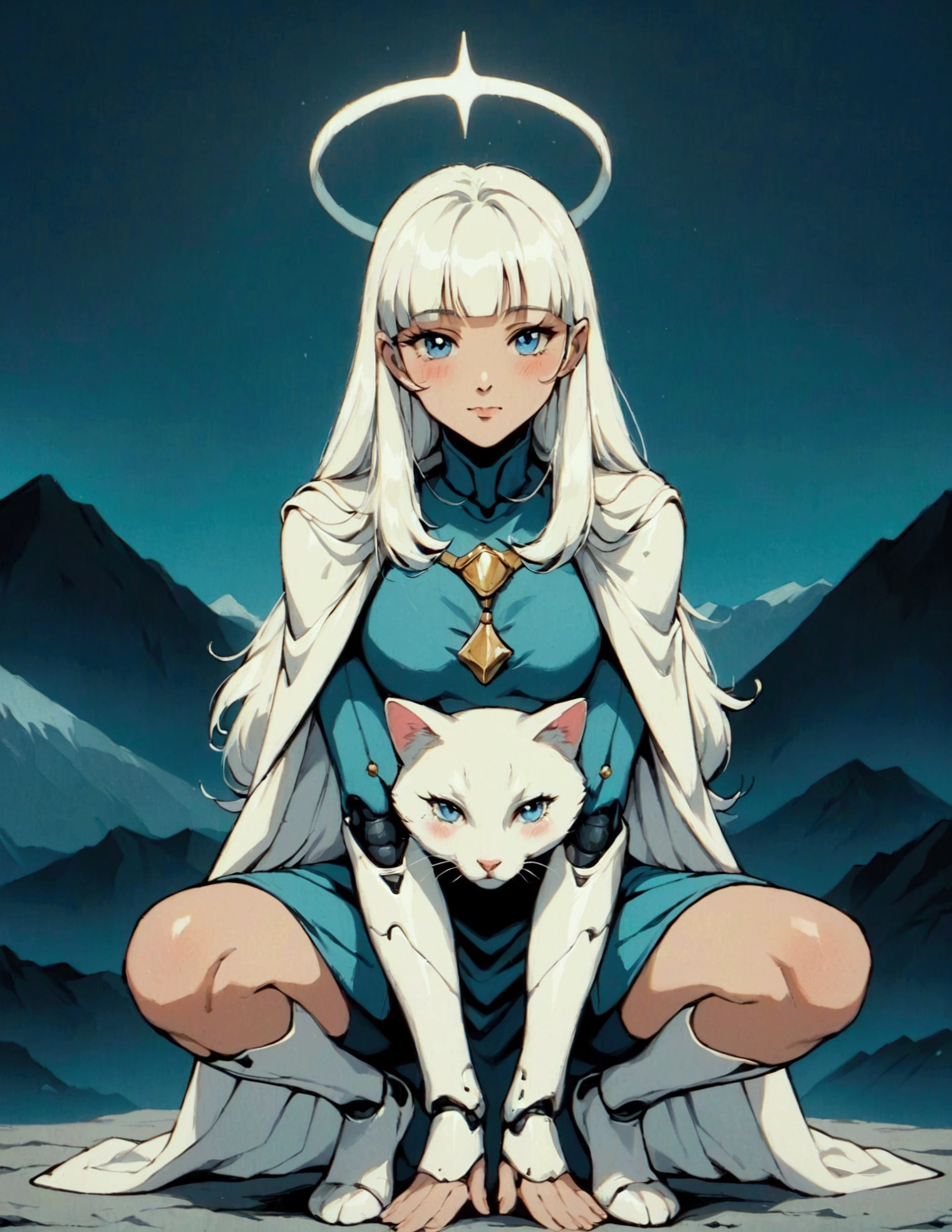 (score_9, score_8_up, score_7_up), zPDXL, 1 girl, alone, looking at viewer, crouching, hands on knees, white cat, mountain background, white hair, blue eyes, full body, long hair, white dress, bright white hair, white halo of light, halo, metallic pendant, blushing cheeks, white cat, mountain with a bit of snow, beautiful girl crouching with a halo of light, retro style, white cape, blunt bangs, white aura,