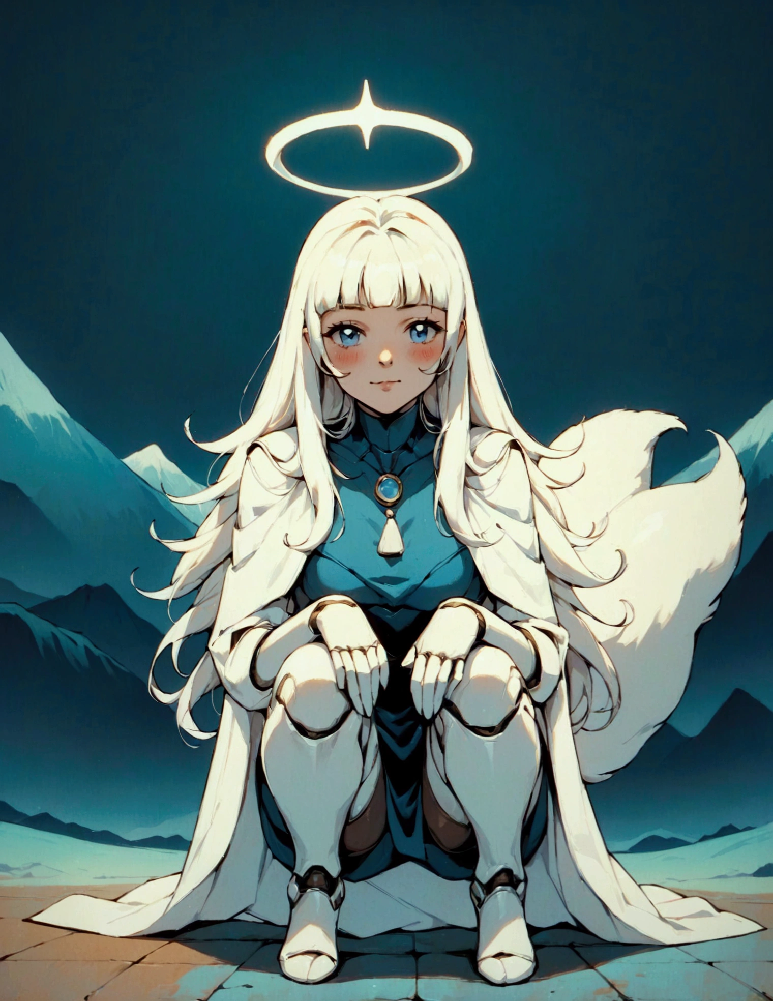 (score_9, score_8_up, score_7_up), zPDXL, 1 girl, alone, looking at viewer, crouching, hands on knees, white cat, mountain background, white hair, blue eyes, full body, long hair, white dress, bright white hair, white halo of light, halo, metallic pendant, blushing cheeks, white cat, mountain with a bit of snow, beautiful girl crouching with a halo of light, retro style, white cape, blunt bangs, white aura,