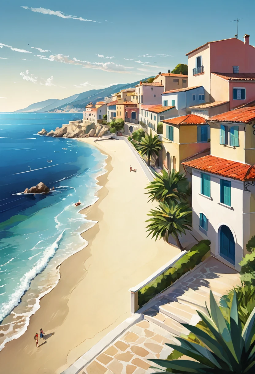 "Visualize an interpretation of a beach promenade with Mediterranean houses. Integrate realistic colors and sharp angles, to convey a feeling of movement and tension. Play with perspective and layering, to create a multidimensional composition, which questions traditional notions of space and form. Be inspired and see nature in a fresh and innovative light.. Unleash your creativity, as you bring this imaginative scene to life on the screen.