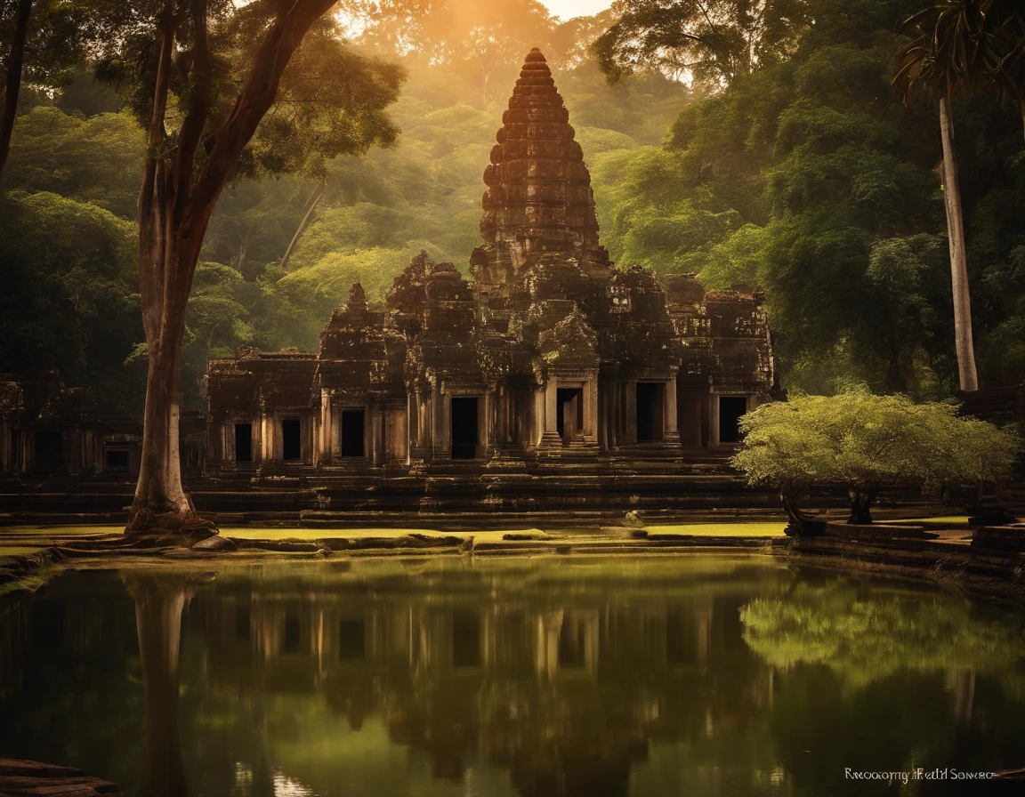 (stable diffusion photo,great detail photo:1.25),epic landscape in Cambodia,gorgeous Angkor Wat temple, magnificent architectural beauty,tall and intricate towers,ancient ruins,natural stone carvings,serene atmosphere,historical wonder,(dark,shadowy,mysterious) jungle backdrop,twisting vines and lush vegetation,thick canopy of trees,hints of sunlight piercing through the foliage,dreamlike,ethereal atmosphere,(falling angel:1.1) gracefully descending from the sky,elegant and mesmerizing,angelic wings extended wide,dressed in flowing robes,divine beauty and grace,(intense gaze:piercing eyes,mesmerizing eyes:1.1) radiating wisdom and ethereal energy,(serene expression,calm demeanor),golden halo shimmering above her head,magical aura surrounding her,(dramatic lighting:1.2) casting deep shadows and highlighting her features,(mysterious atmosphere:1.1) adding an air of mystique and enchantment,(vivid colors:lush greens,mossy browns,rich earth tones),(subtle warm tones:golden hues,soft orange glow),creating a contrast between light and dark,(detailed leaves:1.15) with intricate textures and veins,mosaic patterns etched into the stone walls,reflections of the temple in a nearby tranquil pond,(ancient spirituality:sacred energy,presence of the divine),immerse yourself in the history and grandeur of ancient Cambodia.huge