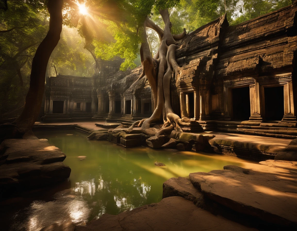 (stable diffusion photo,great detail photo:1.25),epic landscape in Cambodia,gorgeous Angkor Wat temple, magnificent architectural beauty,tall and intricate towers,ancient ruins,natural stone carvings,serene atmosphere,historical wonder,(dark,shadowy,mysterious) jungle backdrop,twisting vines and lush vegetation,thick canopy of trees,hints of sunlight piercing through the foliage,dreamlike,ethereal atmosphere,(falling angel:1.1) gracefully descending from the sky,elegant and mesmerizing,angelic wings extended wide,dressed in flowing robes,divine beauty and grace,(intense gaze:piercing eyes,mesmerizing eyes:1.1) radiating wisdom and ethereal energy,(serene expression,calm demeanor),golden halo shimmering above her head,magical aura surrounding her,(dramatic lighting:1.2) casting deep shadows and highlighting her features,(mysterious atmosphere:1.1) adding an air of mystique and enchantment,(vivid colors:lush greens,mossy browns,rich earth tones),(subtle warm tones:golden hues,soft orange glow),creating a contrast between light and dark,(detailed leaves:1.15) with intricate textures and veins,mosaic patterns etched into the stone walls,reflections of the temple in a nearby tranquil pond,(ancient spirituality:sacred energy,presence of the divine),immerse yourself in the history and grandeur of ancient Cambodia.huge