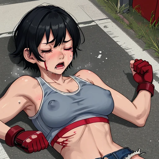 a bloody beautiful young Japanese female streetfighter is beated down in the backstreet. Blood is dripping from her nose. She is covered in scars and bruises. she is lying down. she is damaged terribry. she was defeated. she lost the fight. she was knocked out. Short-cut black hair, out of breath, drooling from mouth, crying, exhausted, drenched in sweat. one eye closed, Erect nipples. open finger glove. denim shorts, sports-bra