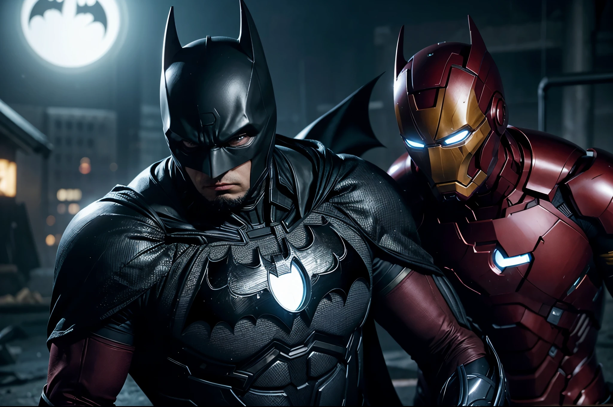 To create an image that fuses Batman and Iron Man, imagine a character with black and metallic armor, which combines Batman&#39;s dark aesthetic with Iron Man&#39;s technology. He would wear a hood and mask with technological contours, incorporating futuristic gadgets like modern Batarangs and grappling hooks. The color palette should balance the dark with details in red or gold, Dramatically lit in an urban setting at night. The character must be in a dynamic pose, reflecting confidence and bravery, capturing the essence of the two heroes.