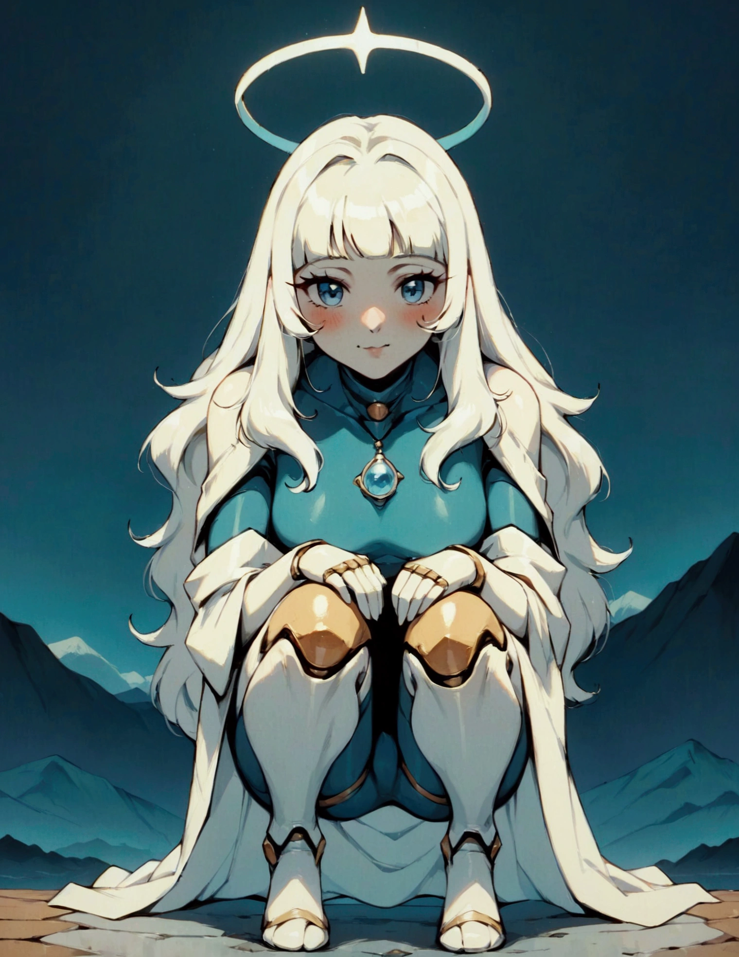 (score_9, score_8_up, score_7_up), zPDXL, 1 girl, alone, looking at viewer, crouching, hands on knees, white cat, mountain background, white hair, blue eyes, full body, long hair, white dress, bright white hair, white halo of light, halo, metallic pendant, blushing cheeks, white cat, mountain with a bit of snow, beautiful girl crouching with a halo of light, retro style, white cape, blunt bangs, white aura,