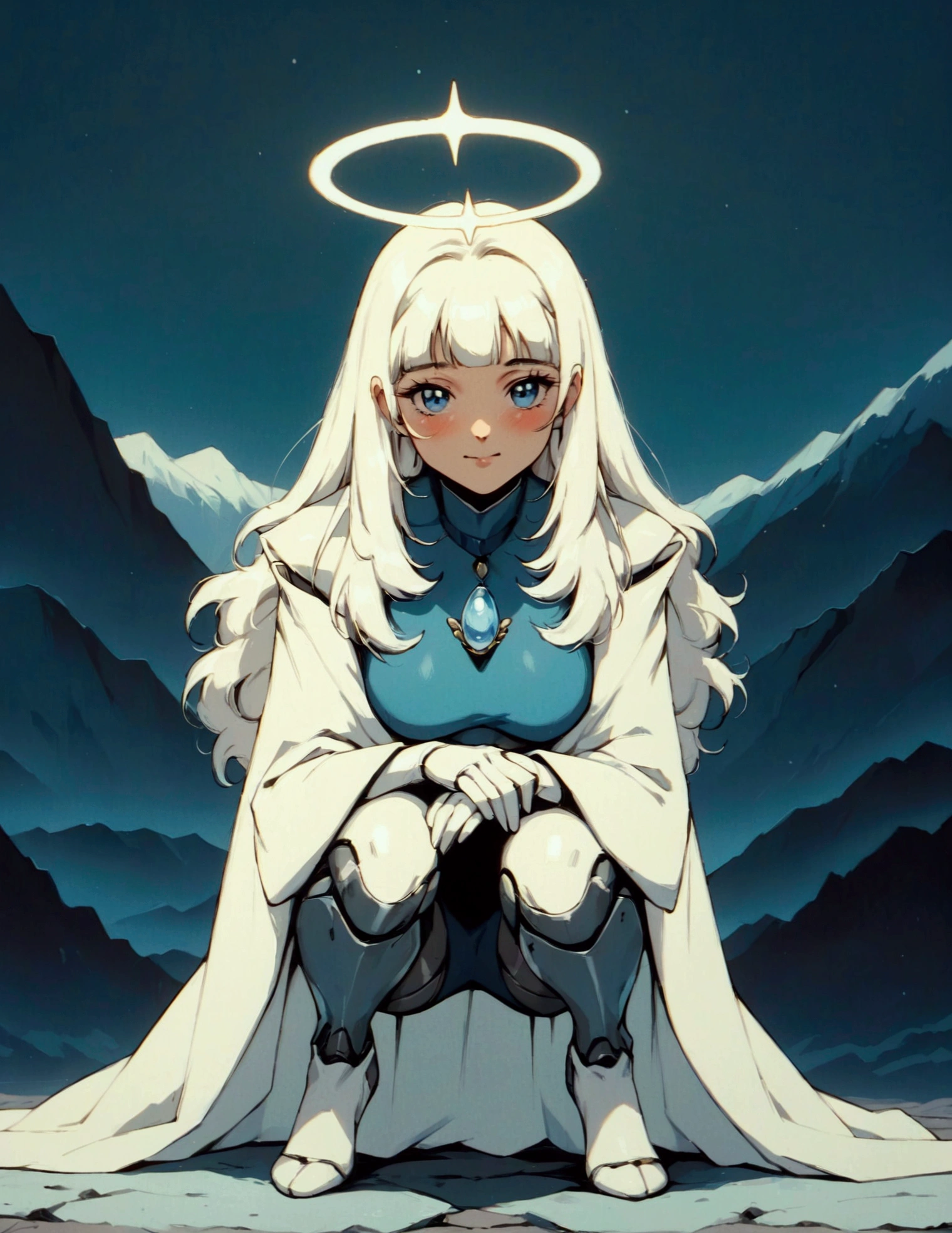 (score_9, score_8_up, score_7_up), zPDXL, 1 girl, alone, looking at viewer, crouching, hands on knees, white cat, mountain background, white hair, blue eyes, full body, long hair, white dress, bright white hair, white halo of light, halo, metallic pendant, blushing cheeks, white cat, mountain with a bit of snow, beautiful girl crouching with a halo of light, retro style, white cape, blunt bangs, white aura,