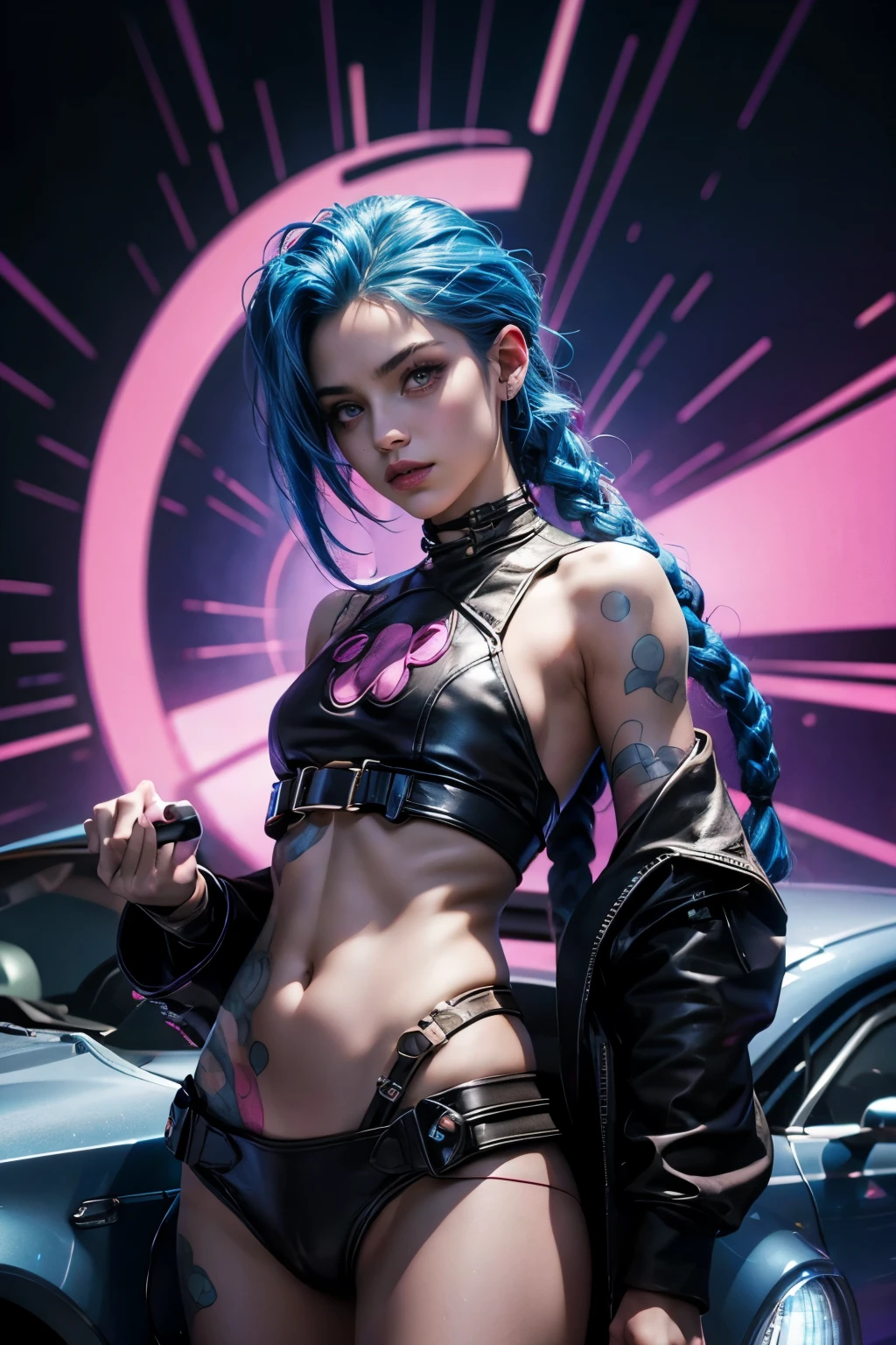 jinx deadpool mujer. women. girl. jinx ( boy in soul body with blue and black ray particles emitting around him.), 3d rendering, movie special effects, movie lighting, ruined city, clear HD, 8k resolution, Very detailed, Digital paint, Conceptual art, Shinkai Makoto Steering Wheel, pop popularization trend, pop, pop trend, pop trend on pixiv. fuchsia background, comes from a car