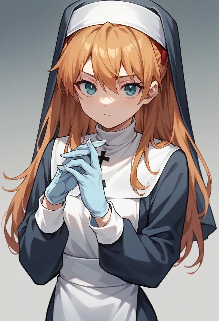 1girl, Souryuu Asuka Langley, ((blue medical gloves)), (nun uniform), ((long sleeves)), looking at viewer, standing, solo