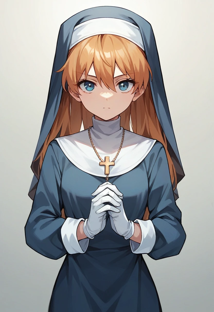 1girl, Souryuu Asuka Langley, ((blue medical gloves)), (nun uniform), ((long sleeves)), looking at viewer, standing, solo