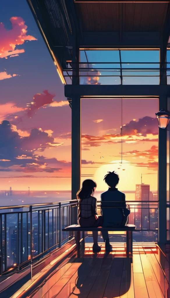 anime couple sitting on a balcony watching the sunset, watching the sun set. anime, lofi artstyle, anime background art, anime style cityscape, beautiful anime scene, lofi art, in style of makoto shinkai, 4 k manga wallpaper, makoto shinkai cyril rolando, hd anime cityscape, ilya kuvshinov landscape, 4k anime wallpaper