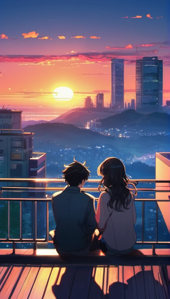 anime couple sitting on a balcony watching the sunset, watching the sun set. anime, lofi artstyle, anime background art, anime style cityscape, beautiful anime scene, lofi art, in style of makoto shinkai, 4 k manga wallpaper, makoto shinkai cyril rolando, hd anime cityscape, ilya kuvshinov landscape, 4k anime wallpaper