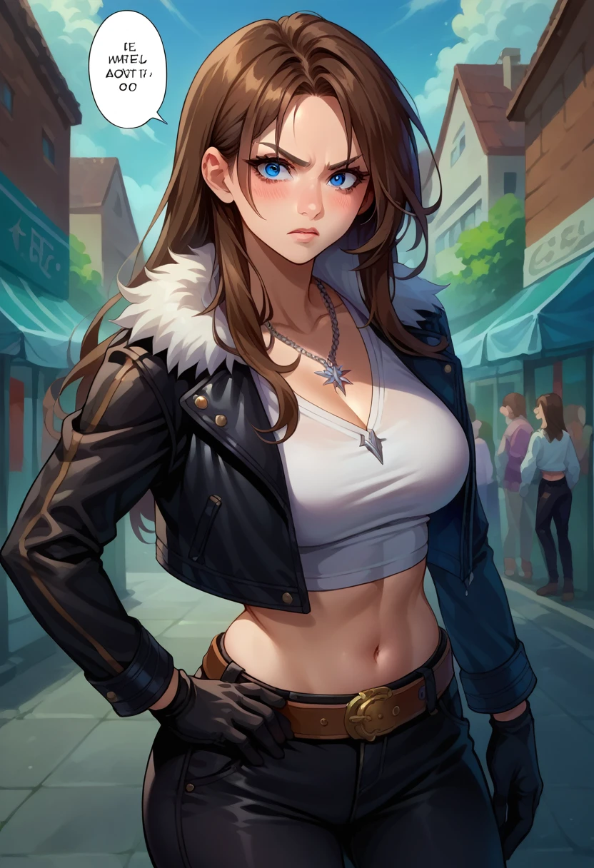 score_9, score_8_up, score_7_up, 1girl, solo, (female:1.5),female focus, female body, squall, necklace, brown hair, long hair, gloves, white crop top, blue eyes, shirt, black gloves, jacket, black jacket, fur trim jacket, black pants, belt,breasts, scar, diagonal scar, scar on face, parted bangs, hand on hip, angry, blushing, looking at you, speech bubbles, standing, facilities