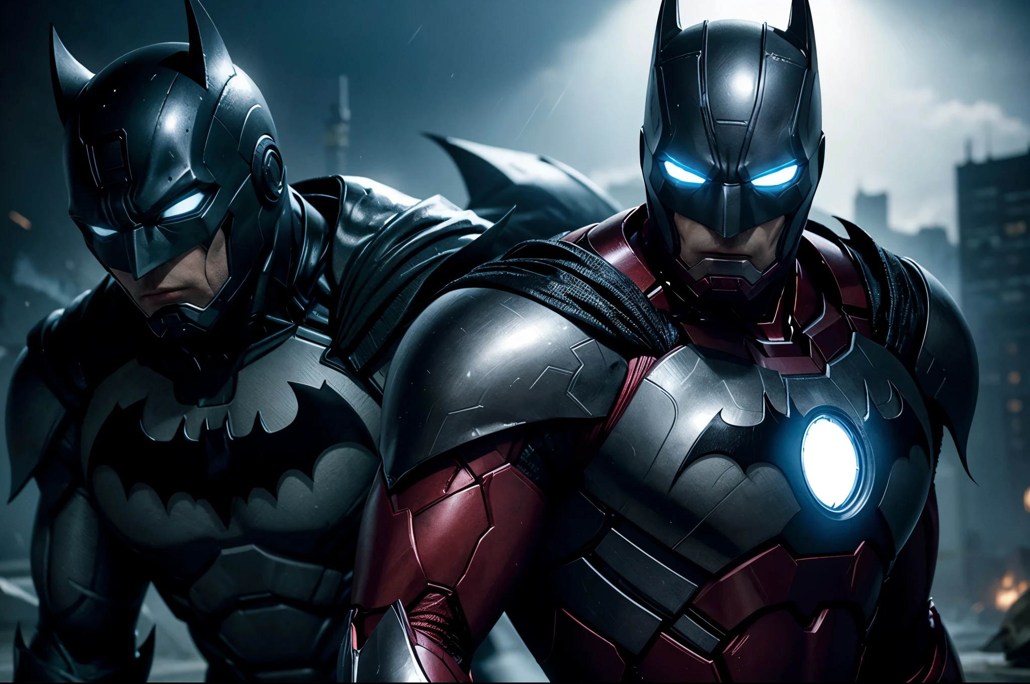 To create an image that fuses Batman and Iron Man, imagine a character with black and metallic armor, which combines Batman's dark aesthetic with Iron Man's technology. He would wear a hood and mask with technological contours, incorporating futuristic gadgets like modern Batarangs and grappling hooks. The color palette should balance the dark with details in red or gold, Dramatically lit in an urban setting at night. The character must be in a dynamic pose, reflecting confidence and bravery, capturing the essence of the two heroes.