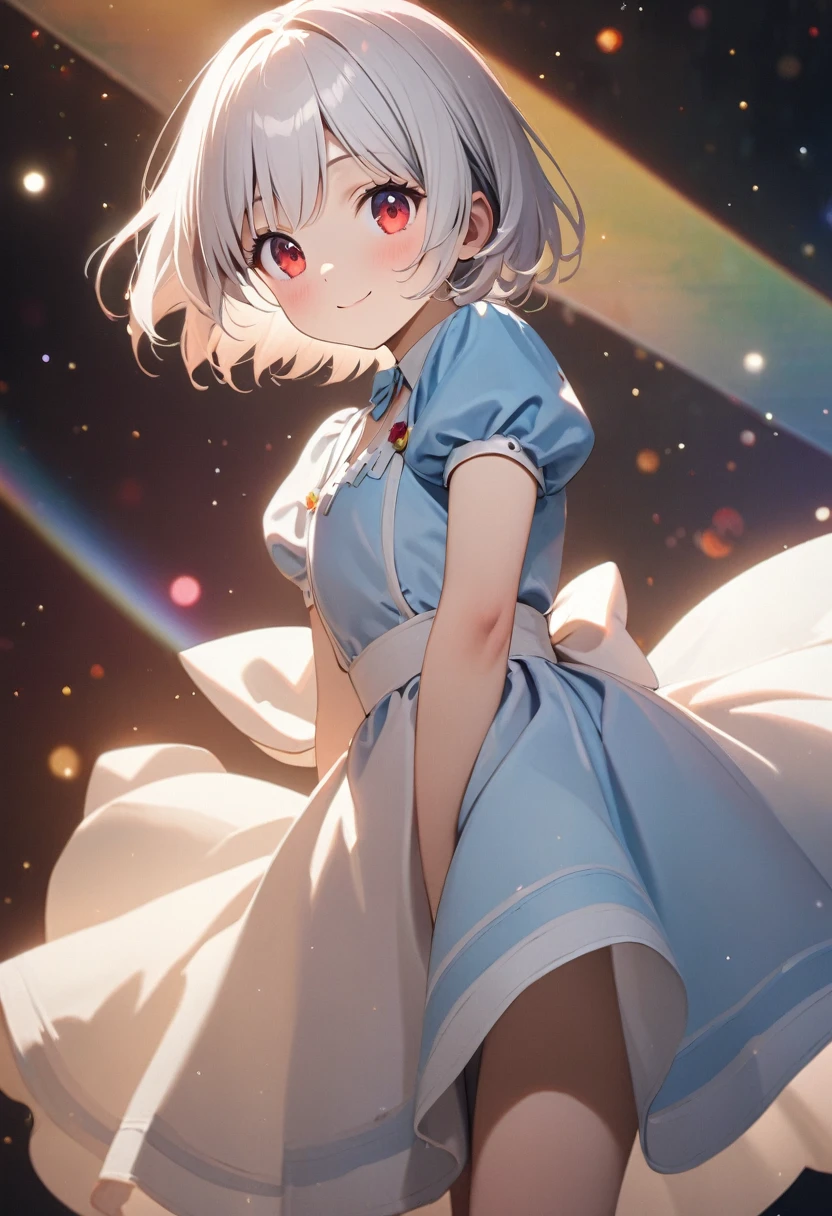 woman\(cute,Small ,10 years old,Eyes of the Universe,alice in wonderland dress,whole body,smile,skirt,Red eyes,White Hair,Short Bob,quality\(8k,非常に精細なCGユニットのwallpaper, masterpiece,High resolution,top-quality,top-quality real texture skin,Surreal,Increase the resolution,RAW Photos,最高quality,Very detailed,wallpaper,Cinema Lighting,Ray-tracing,Golden Ratio\),(Close-up dress:1.6)